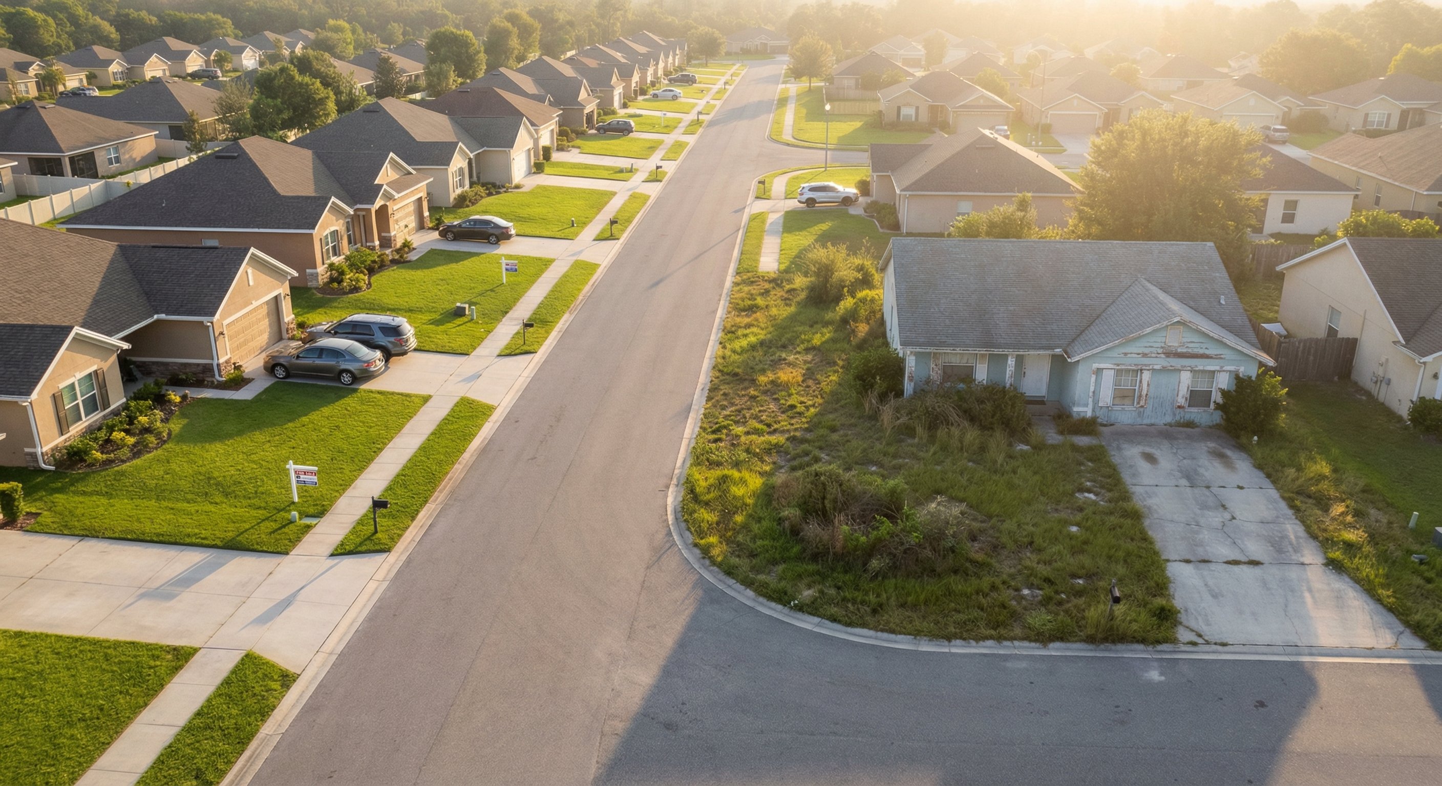 Aerial view of two neighboring properties showing the contrast between MLS-listed homes and an unlisted off market opportunity in the same neighborhood