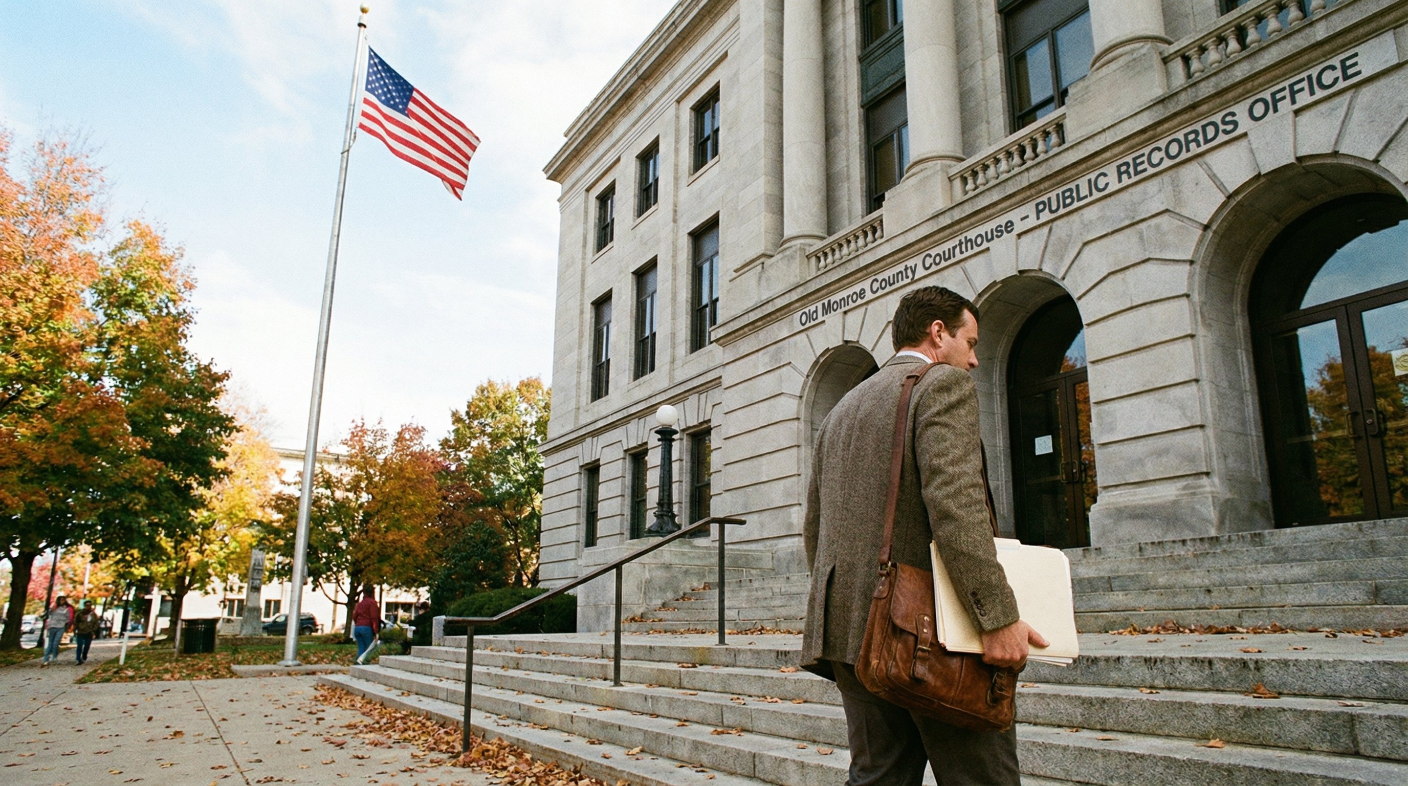 A county courthouse exterior with public records signage, stone steps, and autumn foliage, where investors search for off market leads
