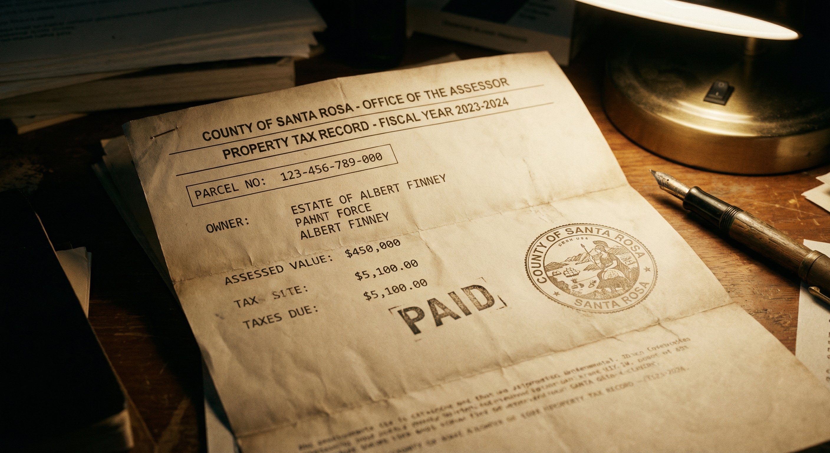 An official county property tax record document with assessor data, parcel number, and tax payment history, showing the raw material of off market research