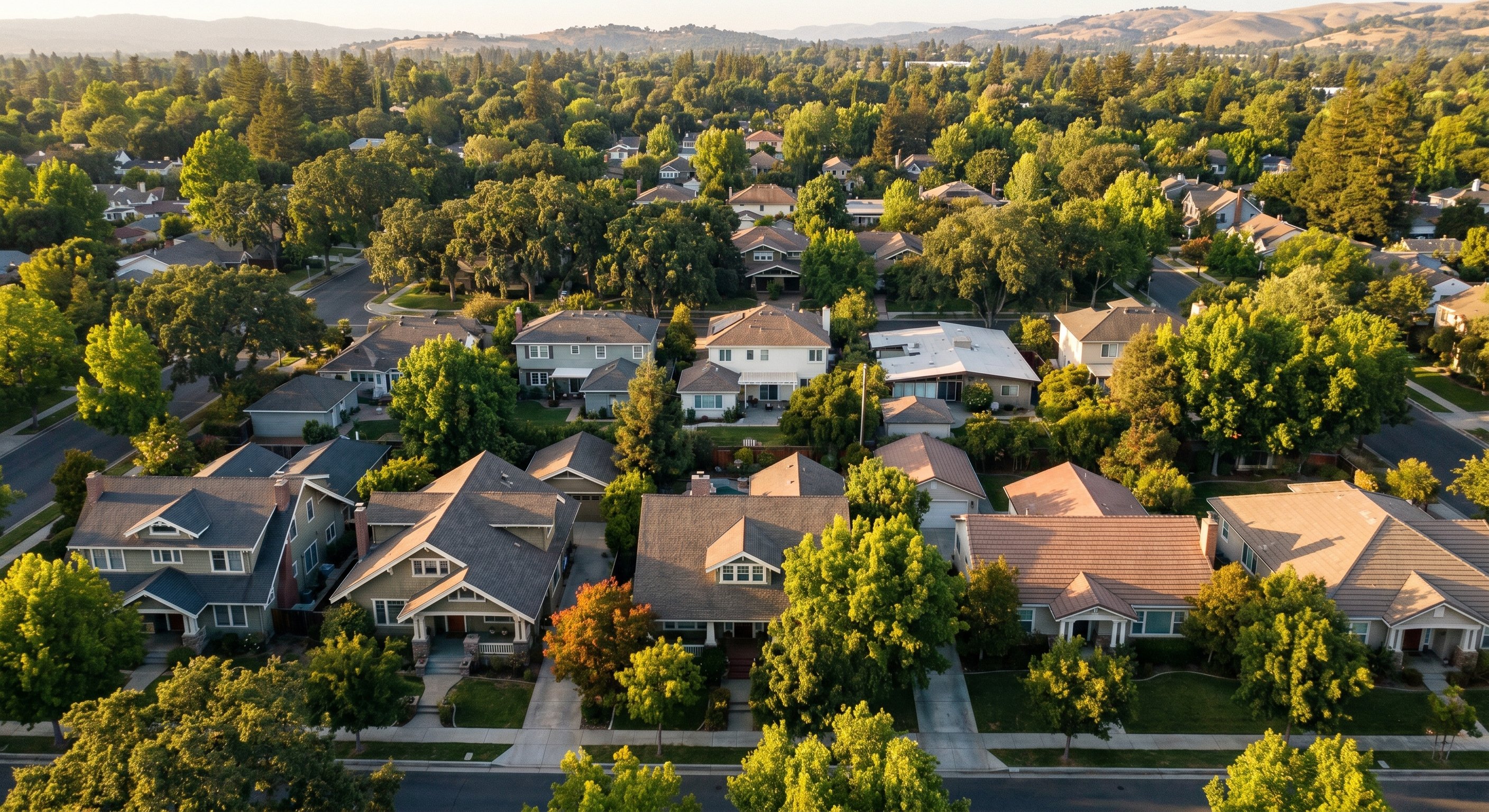 An aerial view of a suburban American neighborhood with tree-lined streets