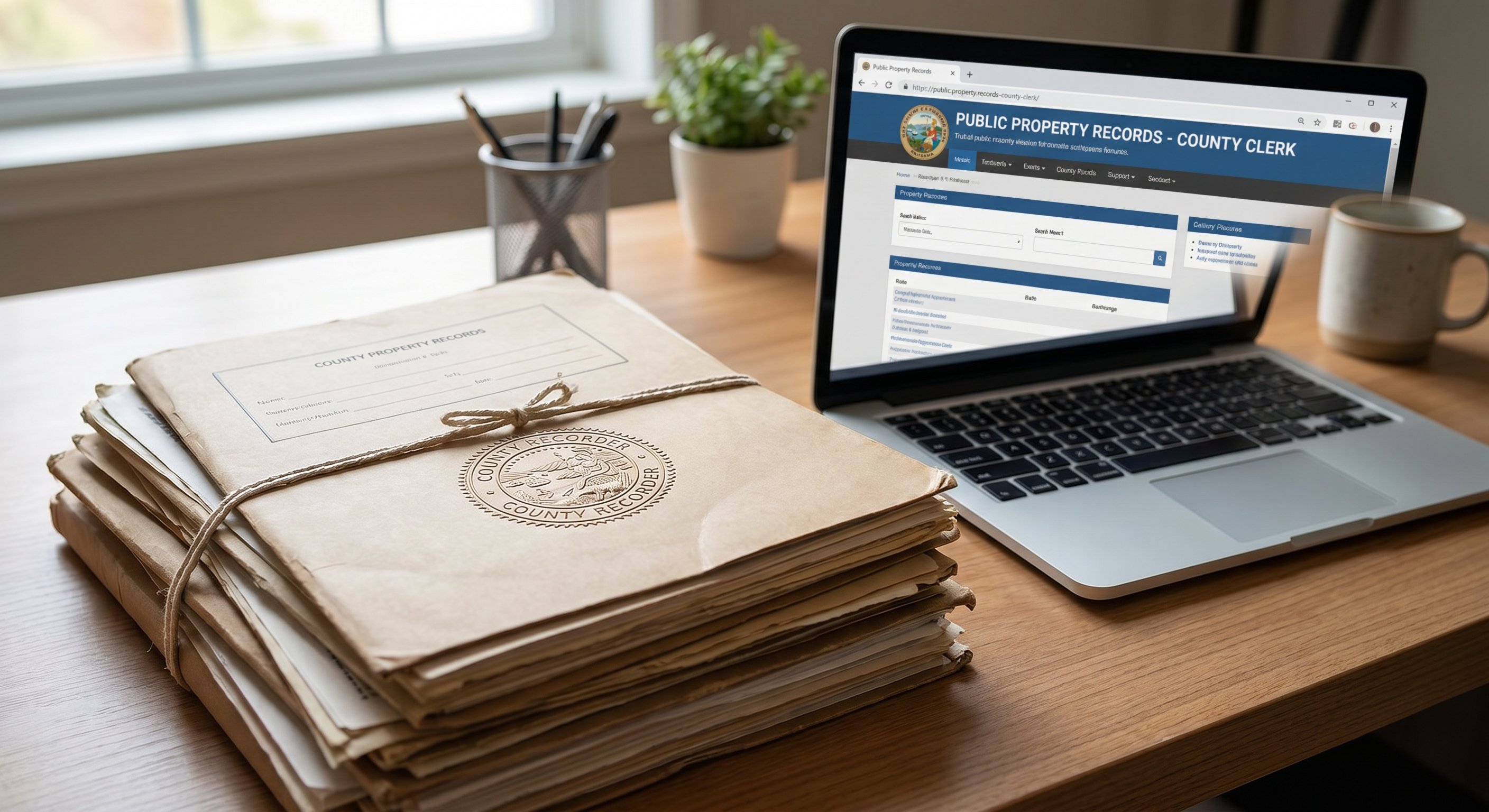 County property records and official documents on a desk
