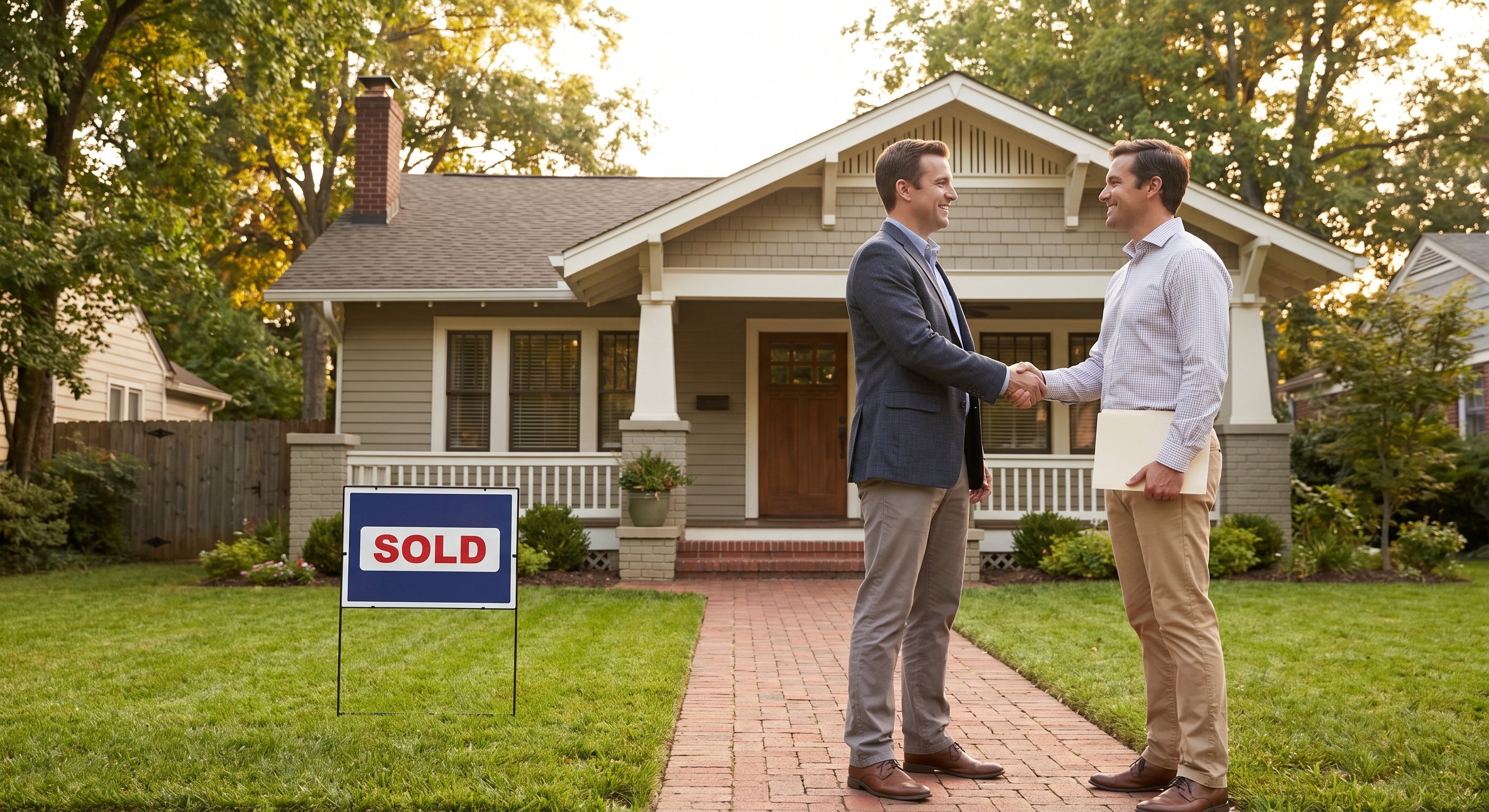 Two real estate professionals shaking hands after closing a deal