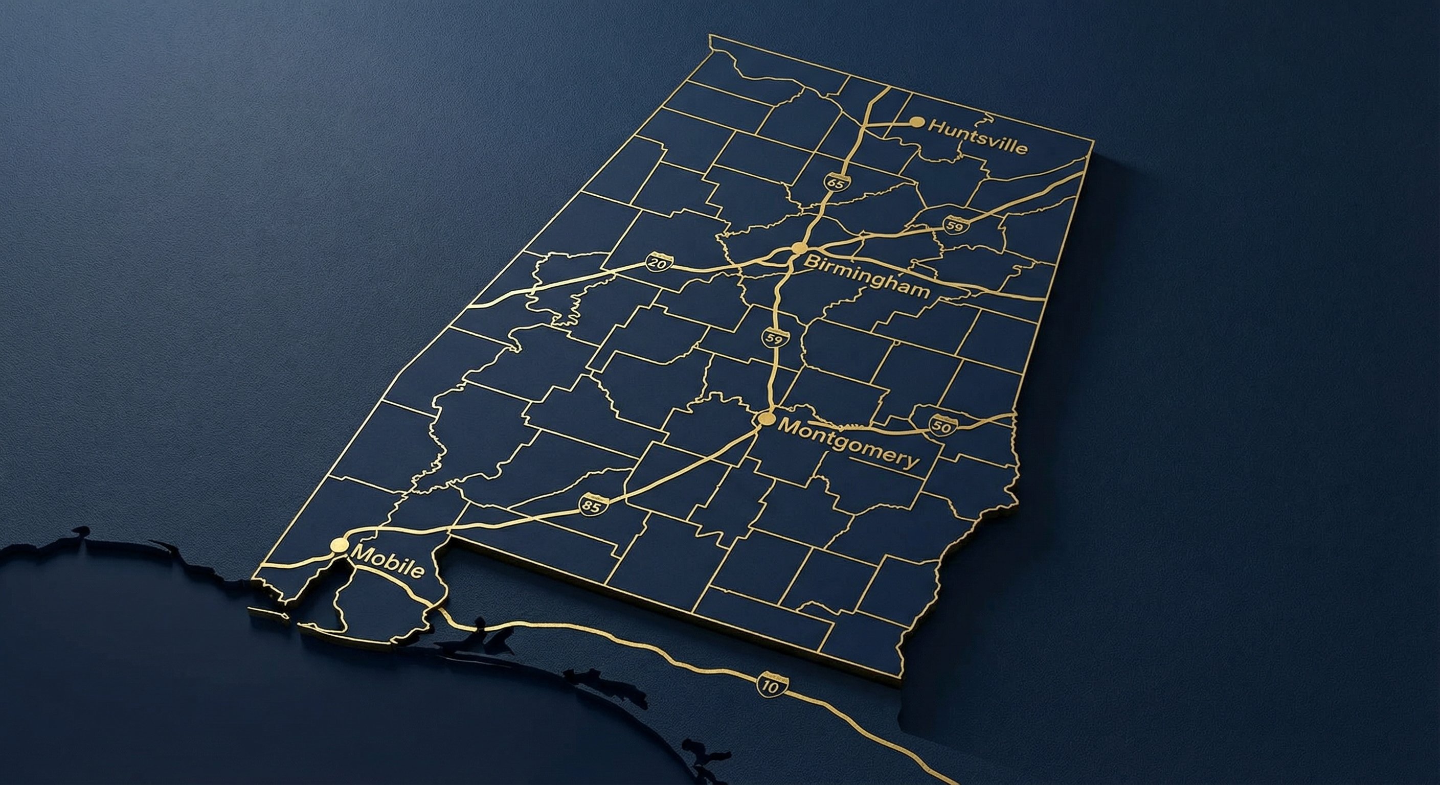 Alabama state map with county boundaries and city markers