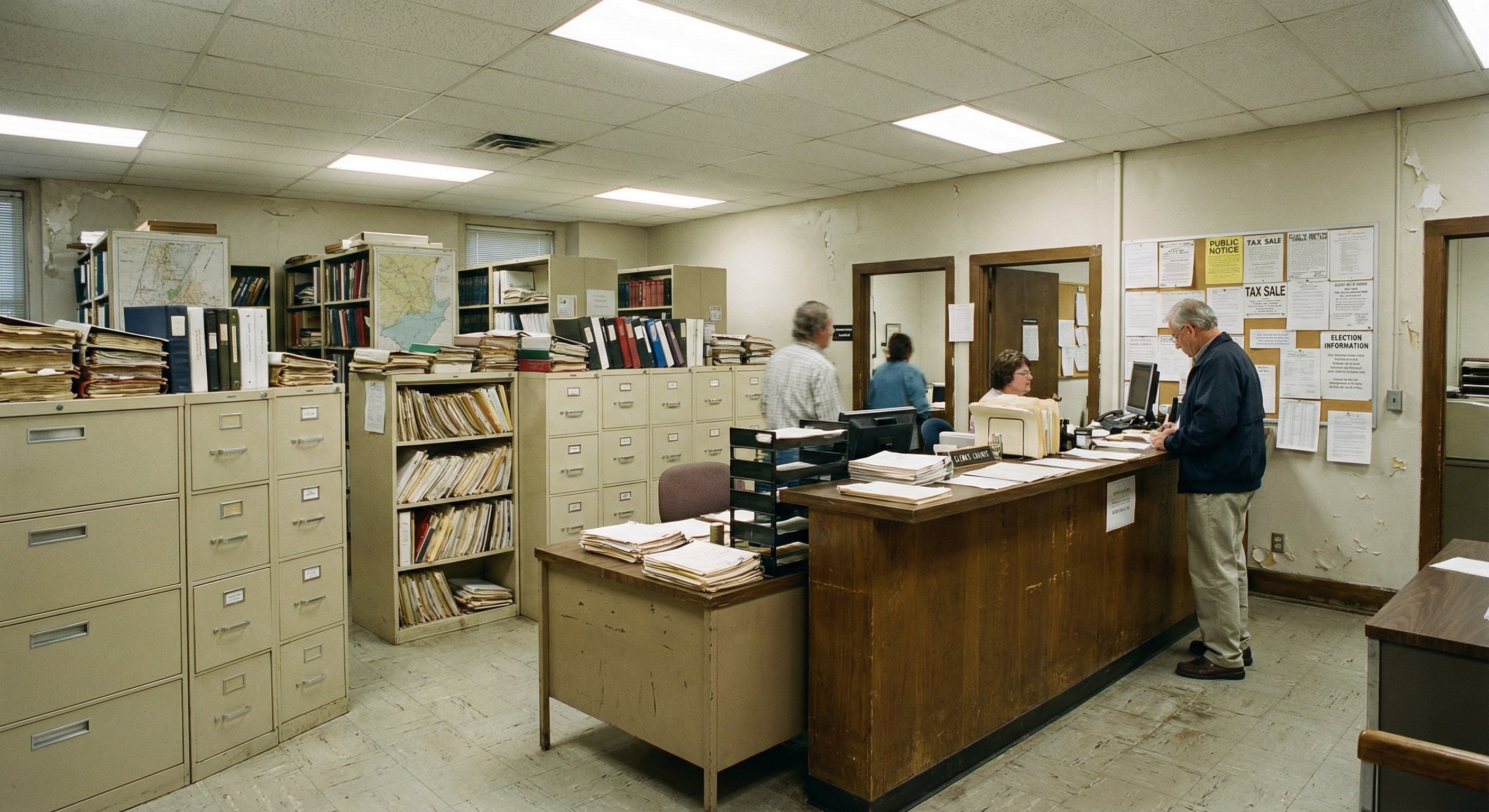Alabama county courthouse records office with filing cabinets and public notices