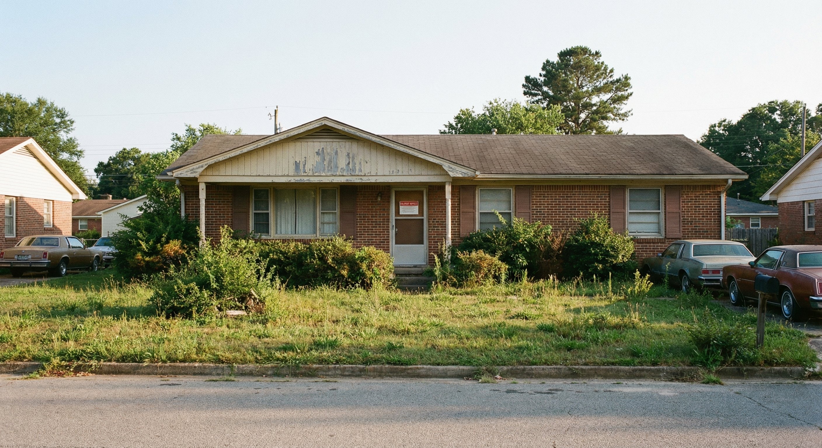 Neglected Alabama suburban home with overgrown yard and notice on door
