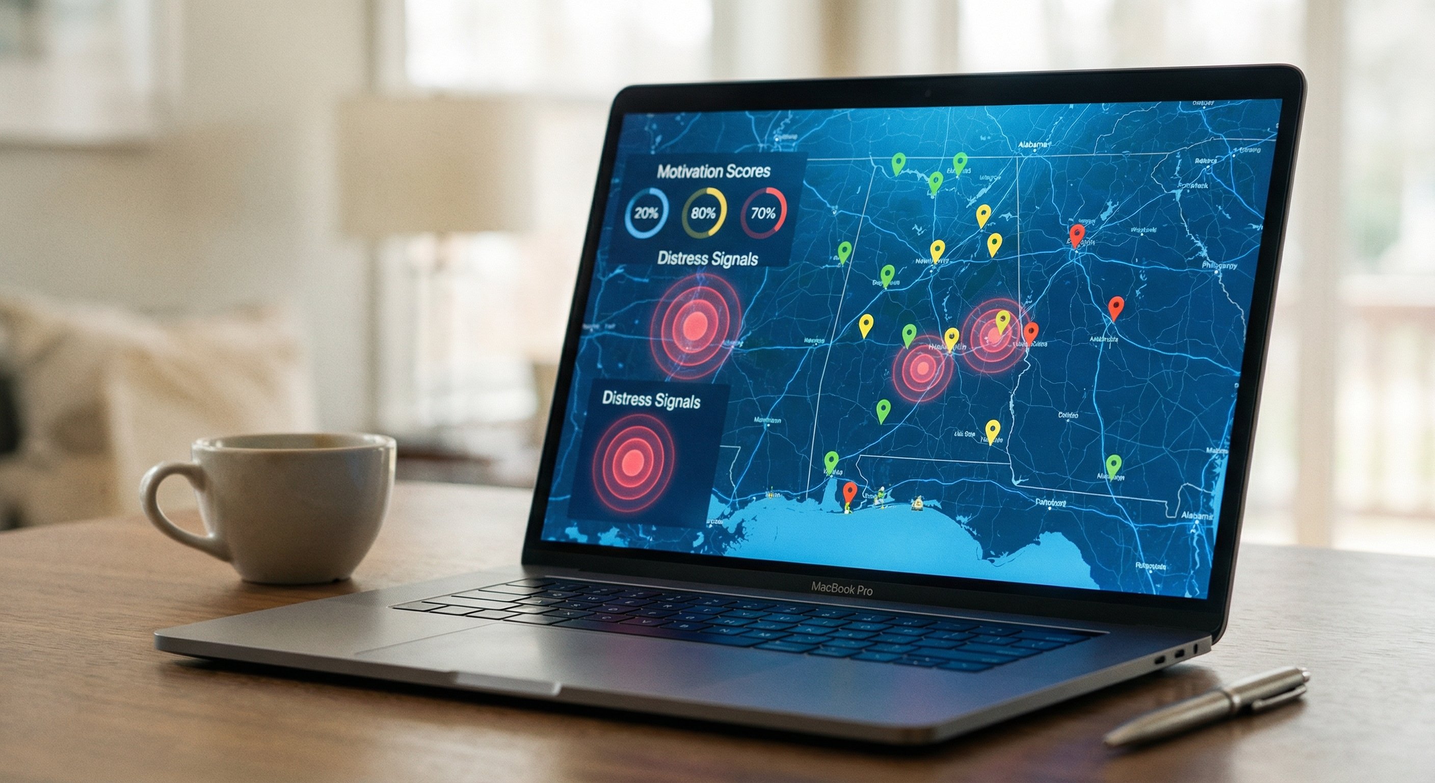 Property intelligence dashboard map of Alabama with distress signal pins and motivation scores