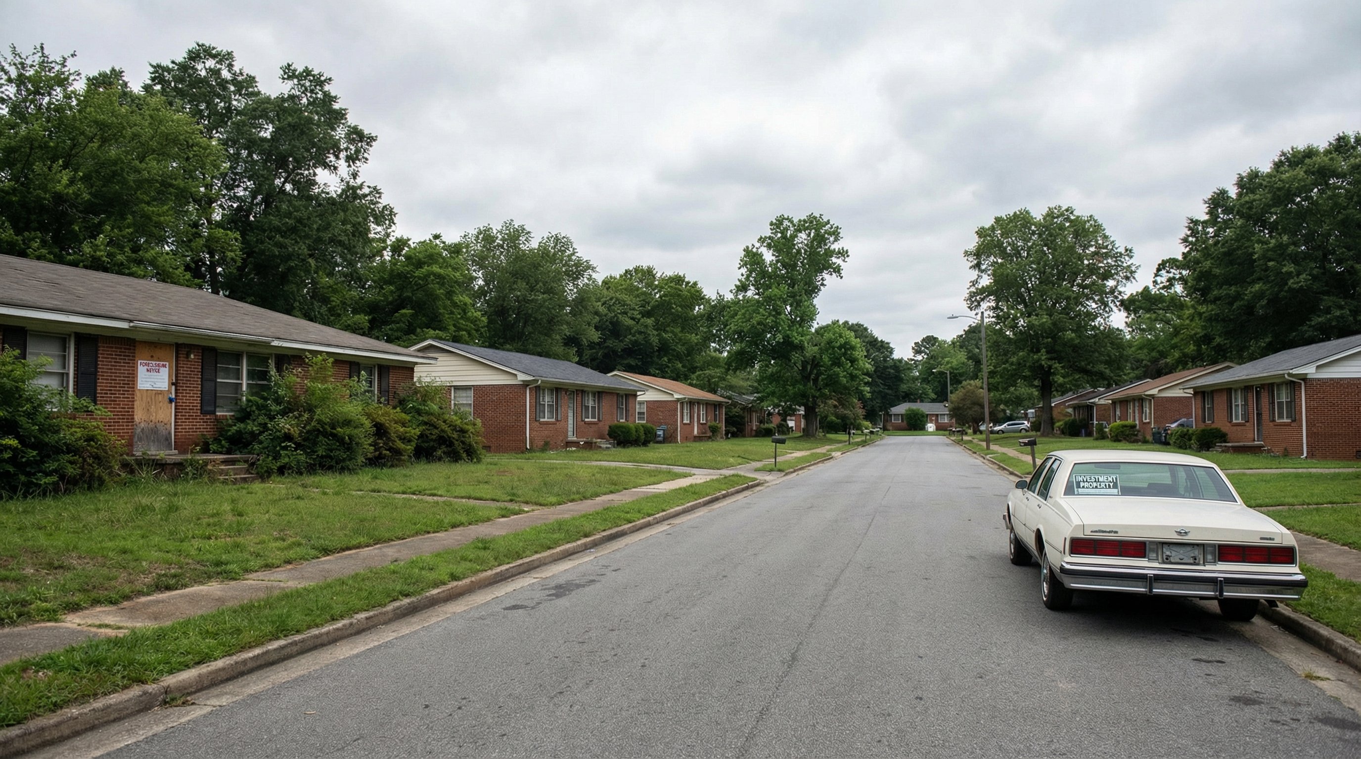 Alabama neighborhood with foreclosed property and investor conducting due diligence