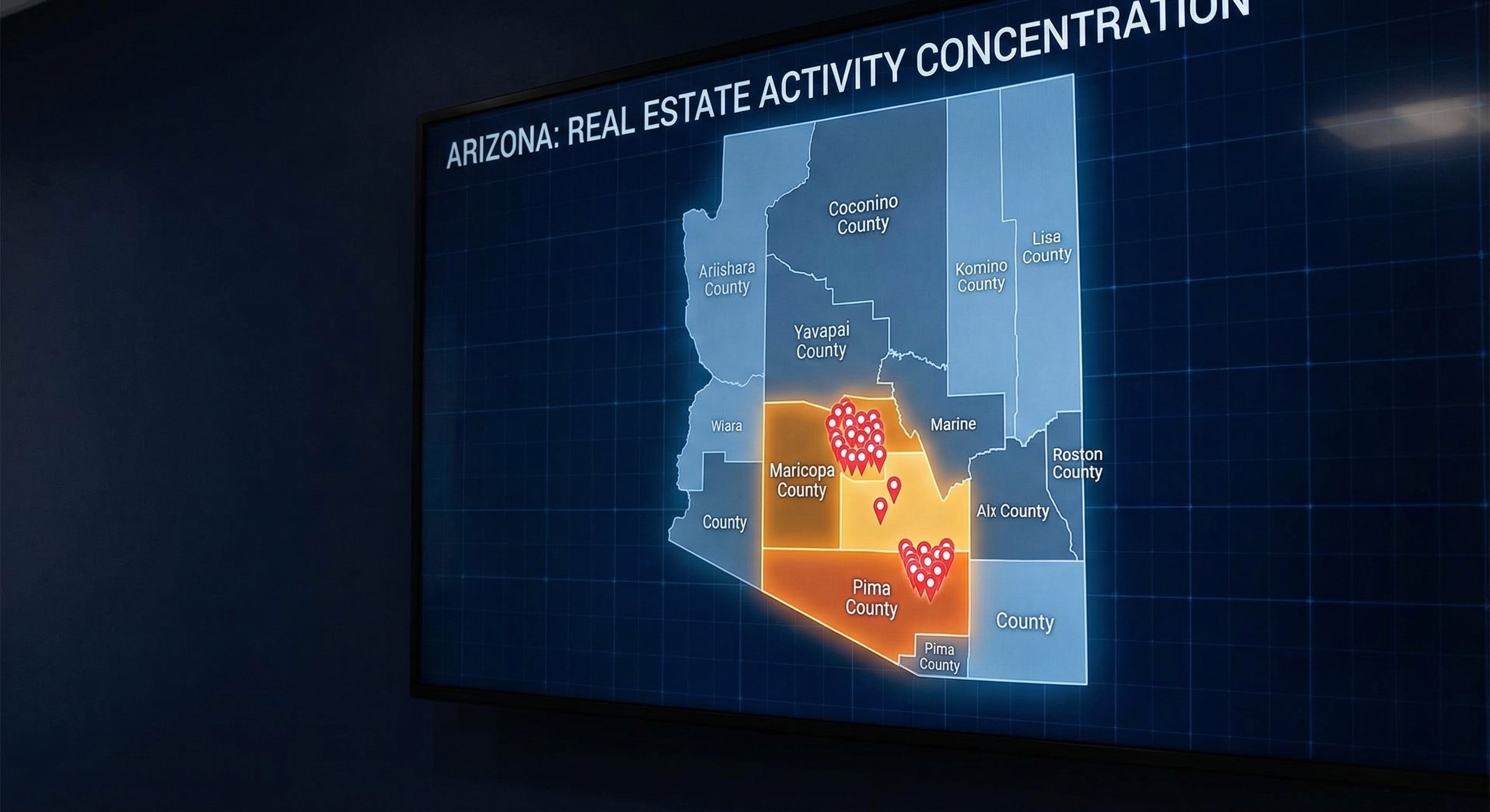 Arizona county map with heat overlay showing pre-foreclosure concentration in Maricopa and Pima counties