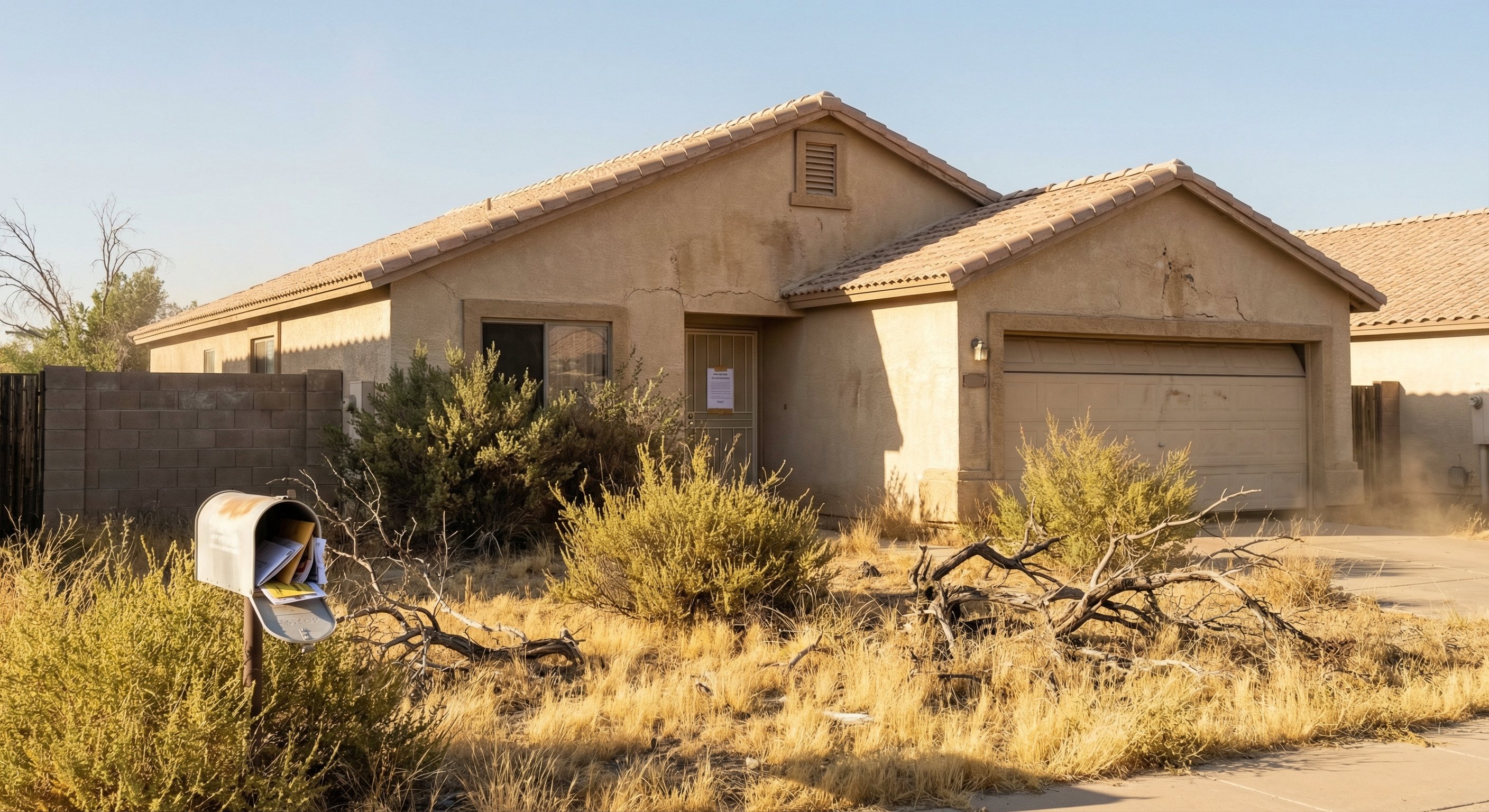 Arizona stucco ranch home with overgrown desert yard and official Notice of Trustee Sale posted on front door