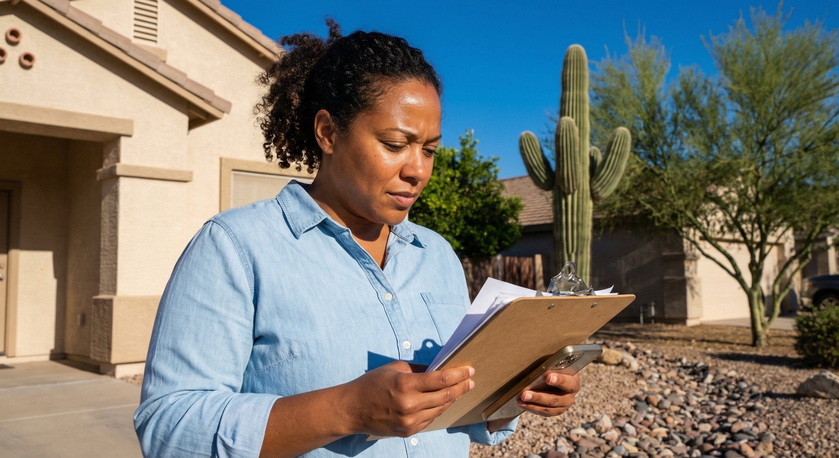 Real estate investor reviewing pre-foreclosure property records on a clipboard in an Arizona driveway with desert landscaping visible