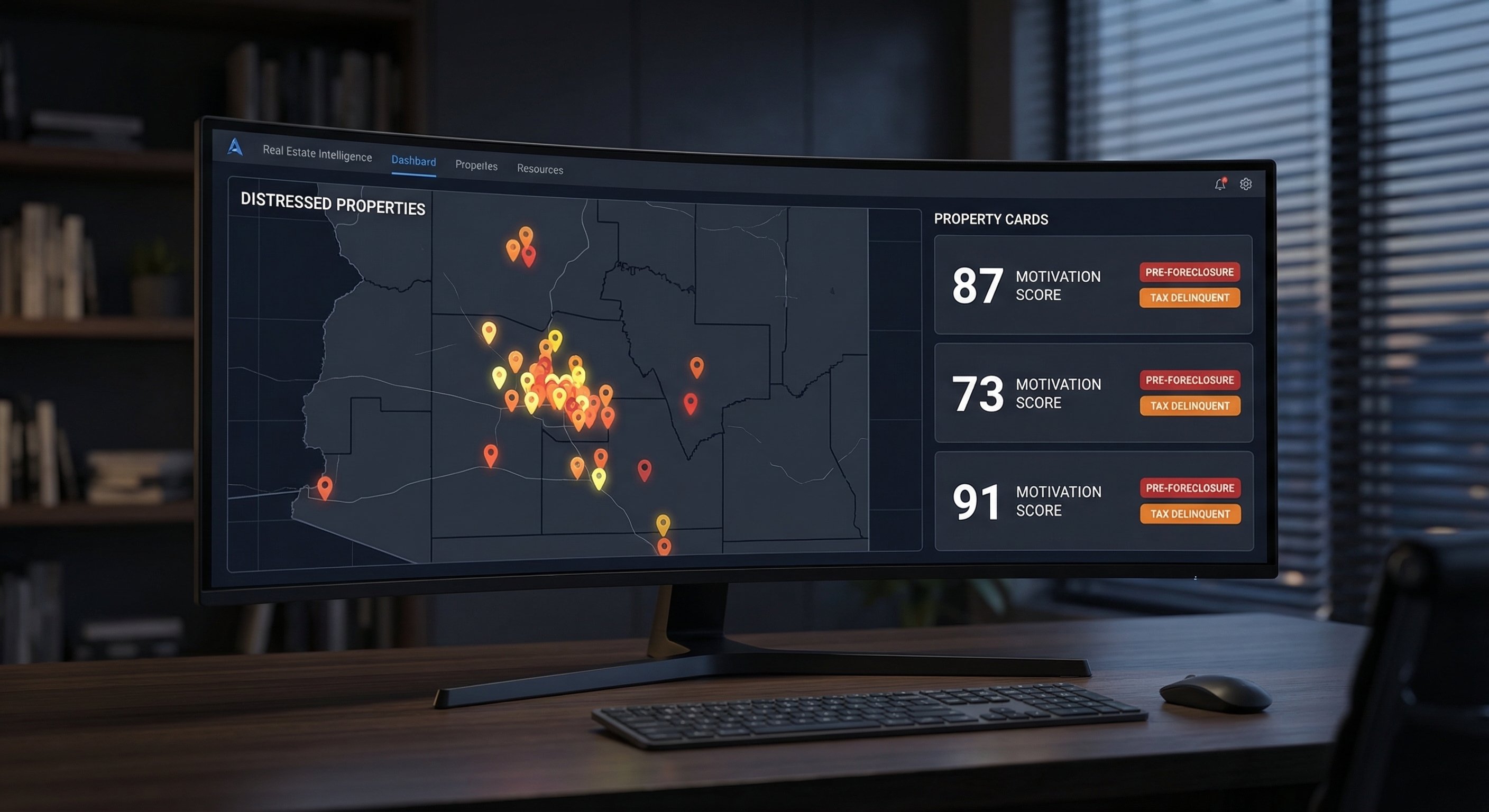 Dark-themed real estate intelligence dashboard showing Arizona map with pre-foreclosure pins and motivation score overlays