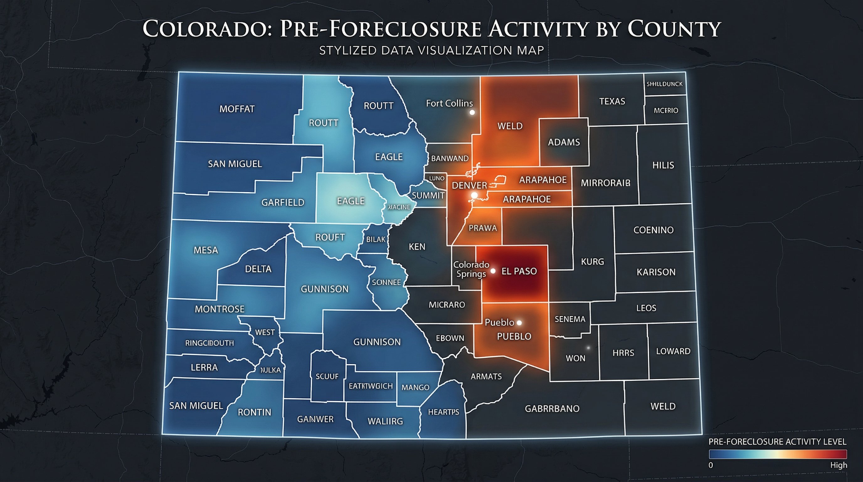 Stylized map of Colorado with counties highlighted by pre-foreclosure volume intensity, heat overlay showing Denver metro, El Paso, Pueblo, and Weld counties in deeper color, clean modern cartographic design, data visualization style
