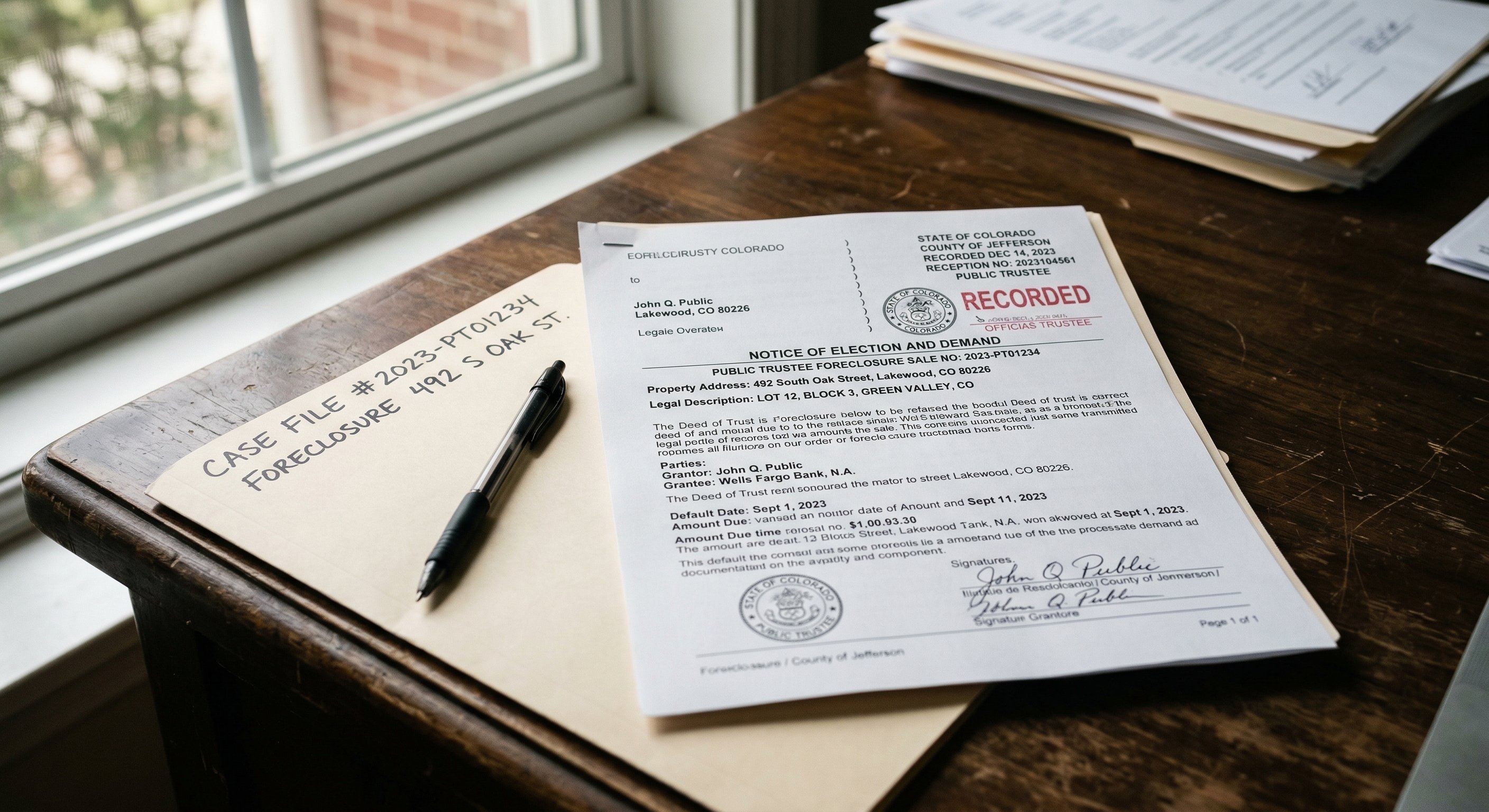 Close-up photograph of Colorado county public records documents on a wooden desk, Notice of Election and Demand filing, property address visible, stamped and recorded, natural window light from the left, shallow depth of field, documentary photography style
