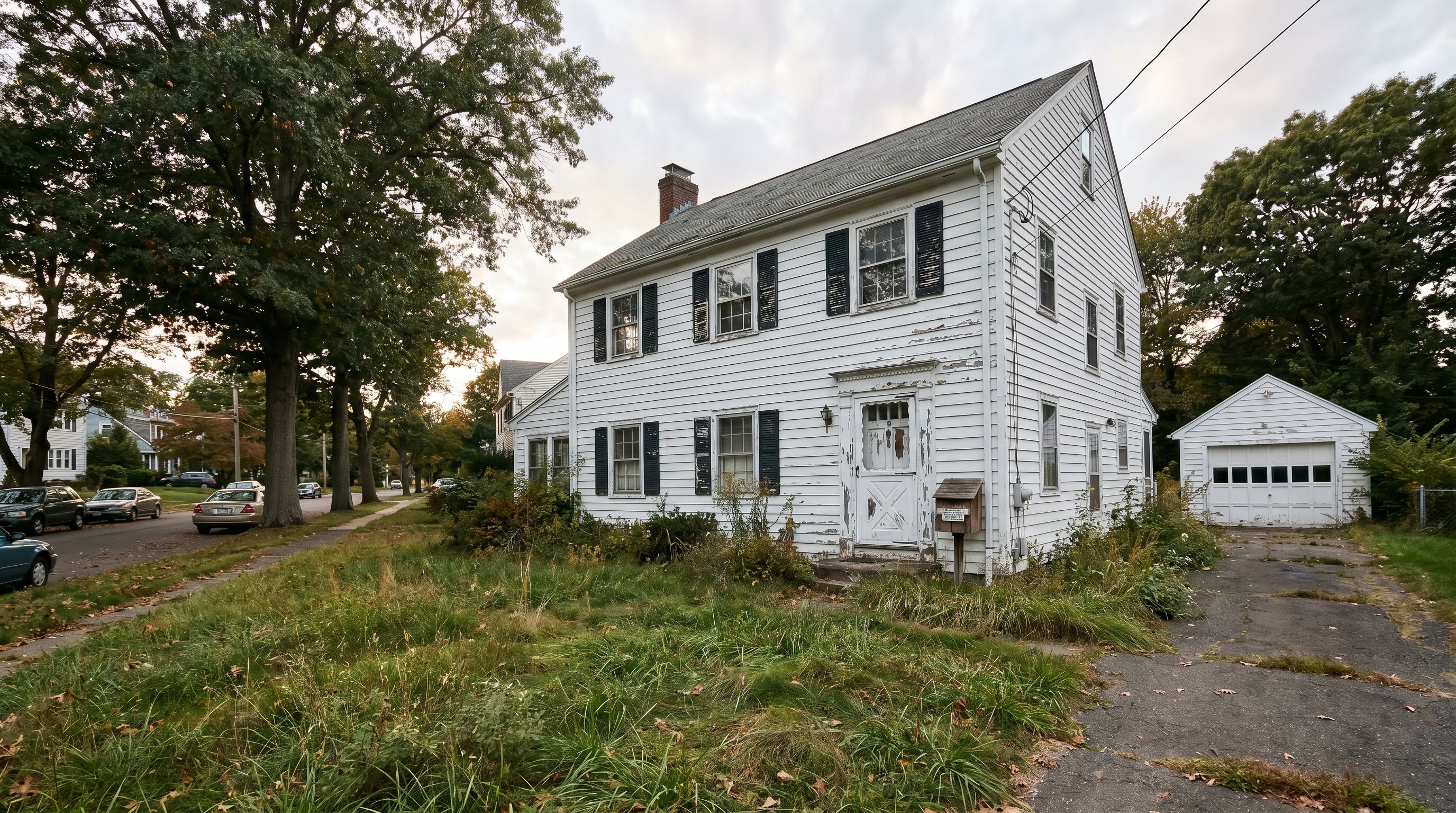 A white clapboard colonial home in a New England suburb showing early signs of neglect, overgrown yard, weathered exterior