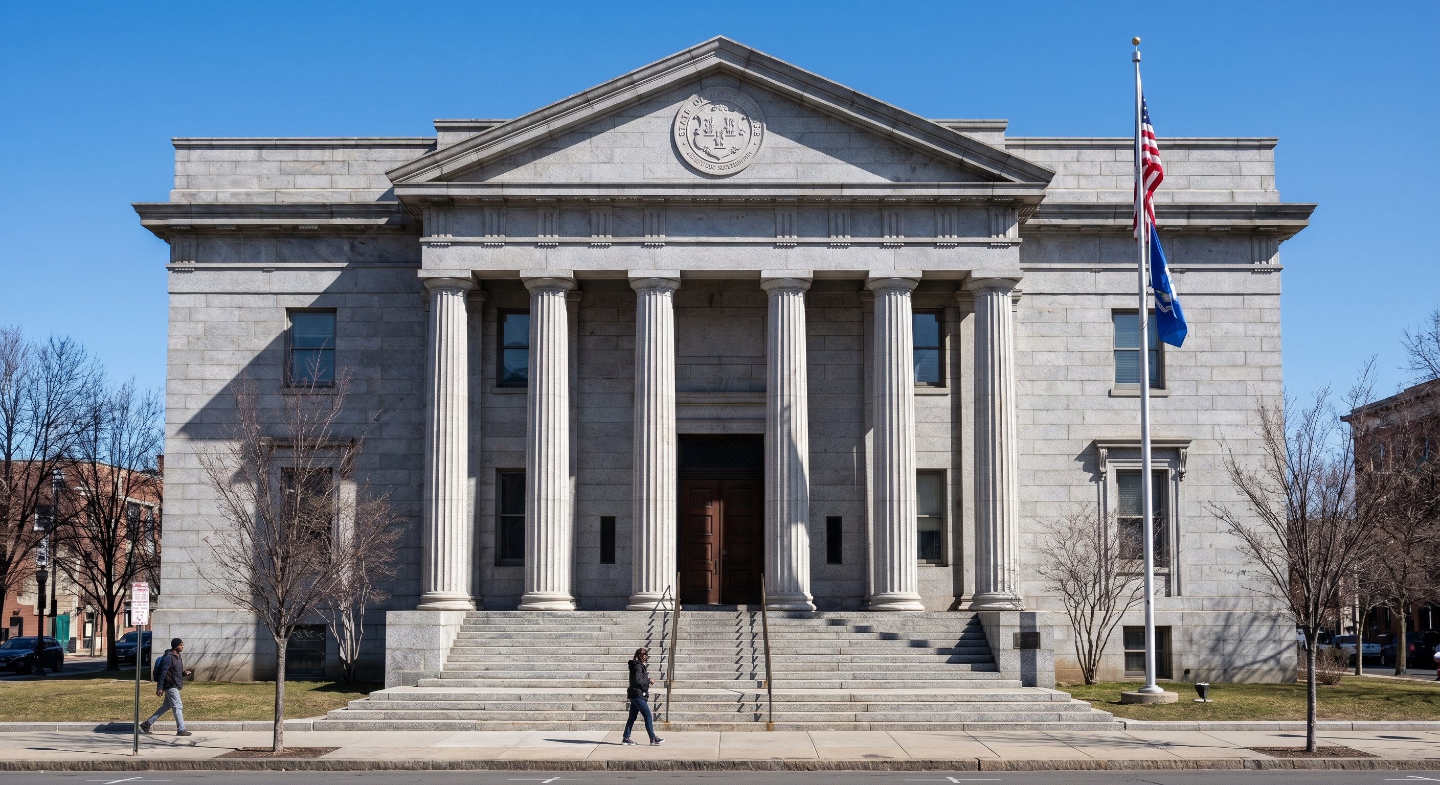 Connecticut county courthouse with classical columns and stone facade, the venue where foreclosure judgments and Law Day dates are set