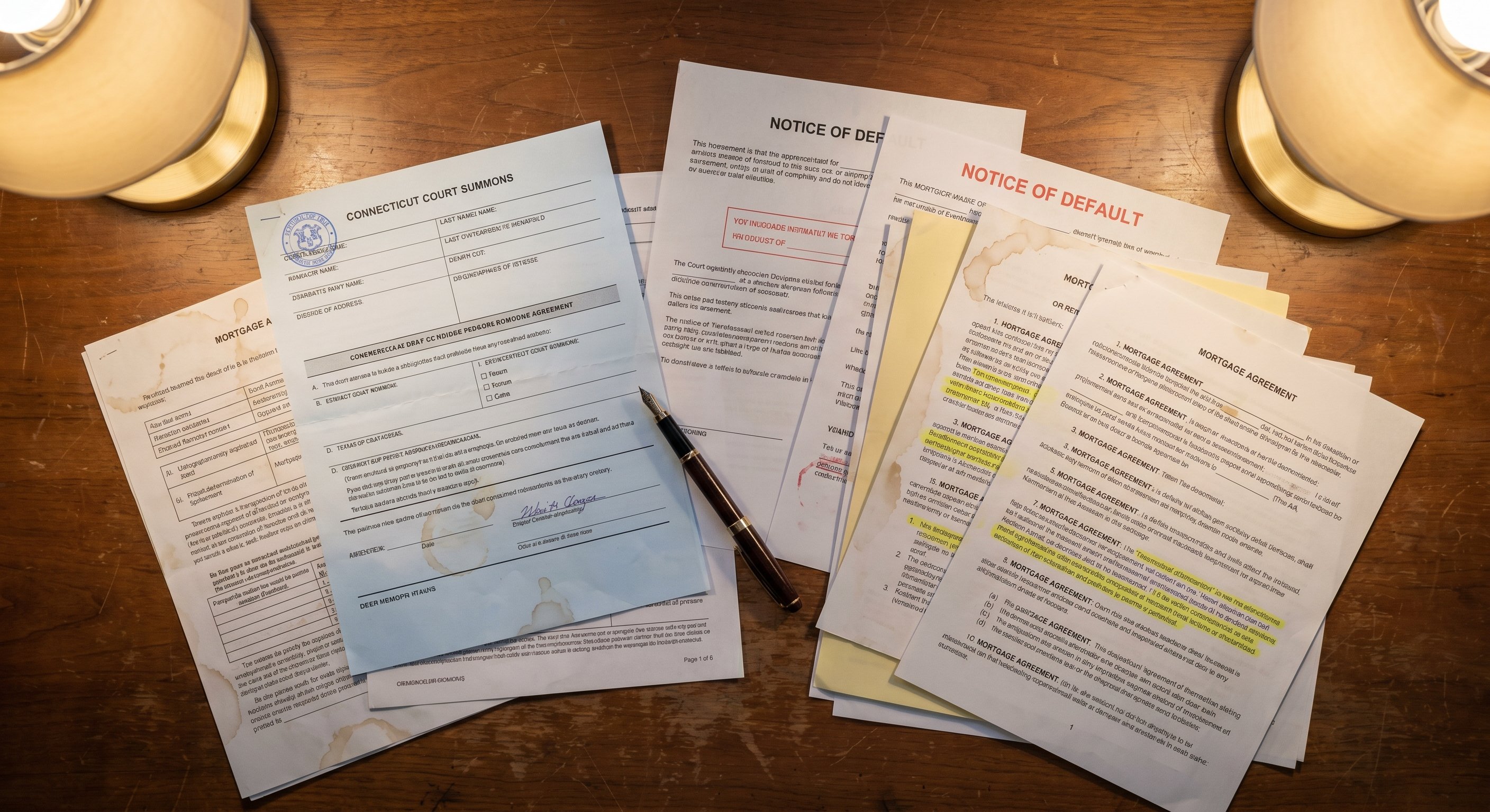 Legal documents spread across a desk, including Connecticut court summons, notice of default, mortgage paperwork with highlighted sections