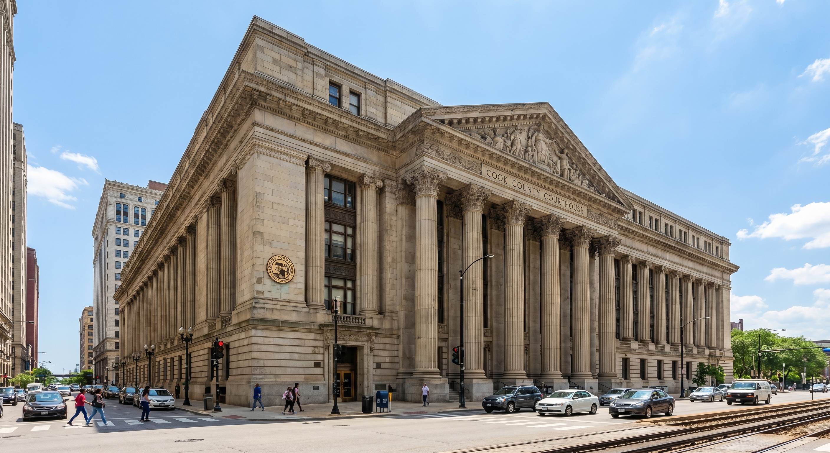 Cook County courthouse exterior, classical government building with stone columns in Chicago, photorealistic