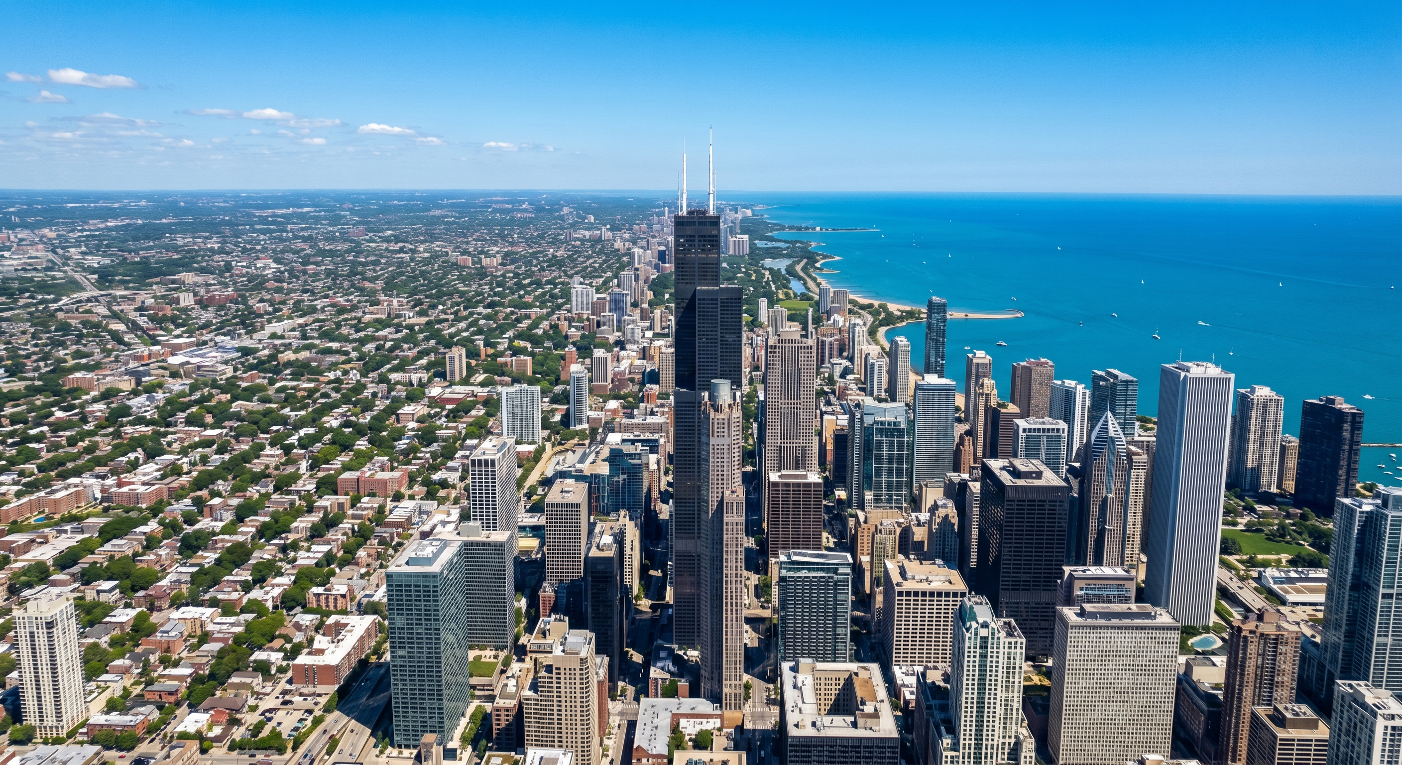 Chicago aerial skyline with residential neighborhoods, pre-foreclosure properties visible throughout the urban landscape