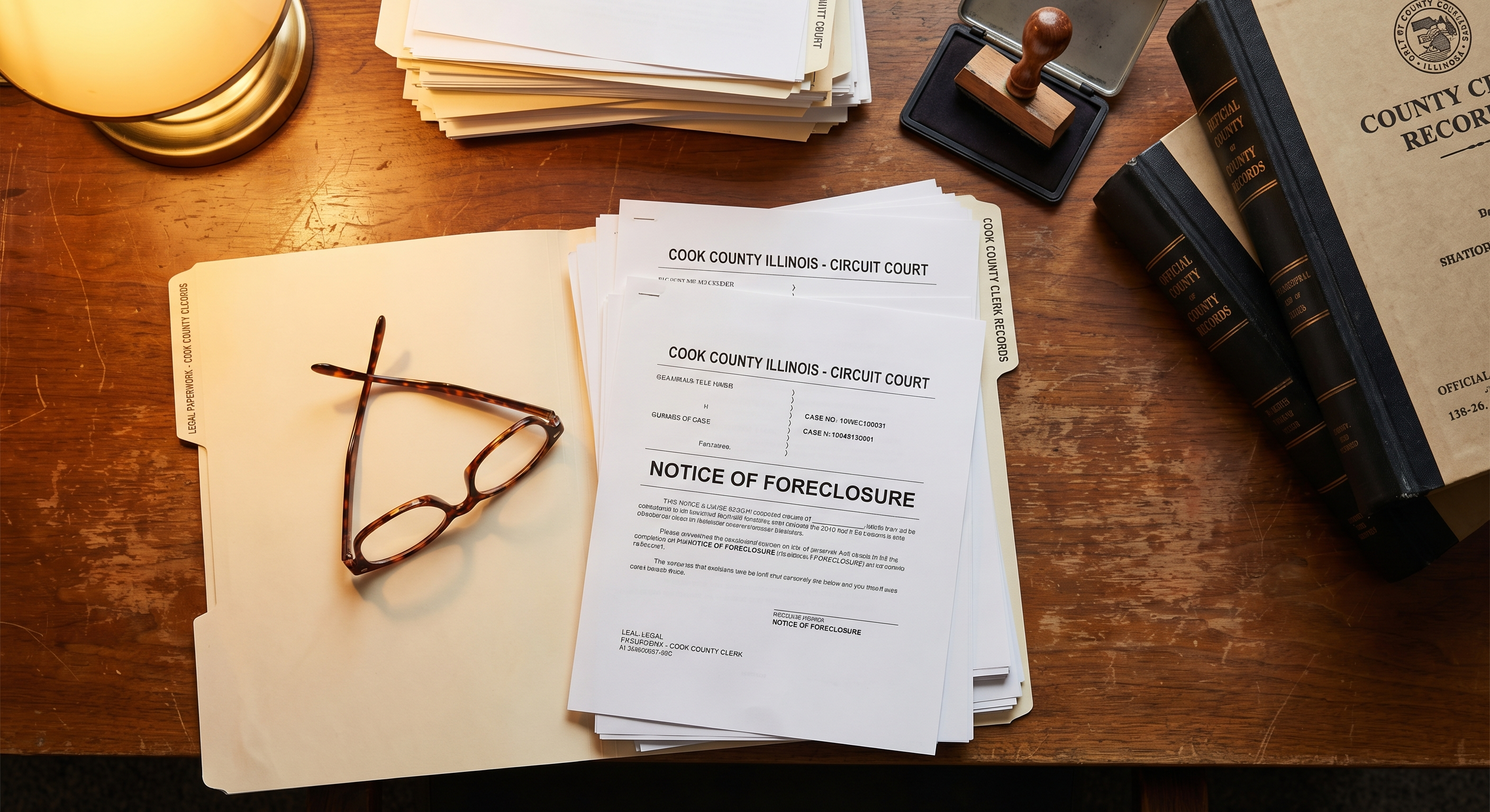 Cook County court docket documents and foreclosure filings on a desk, legal paperwork spread out