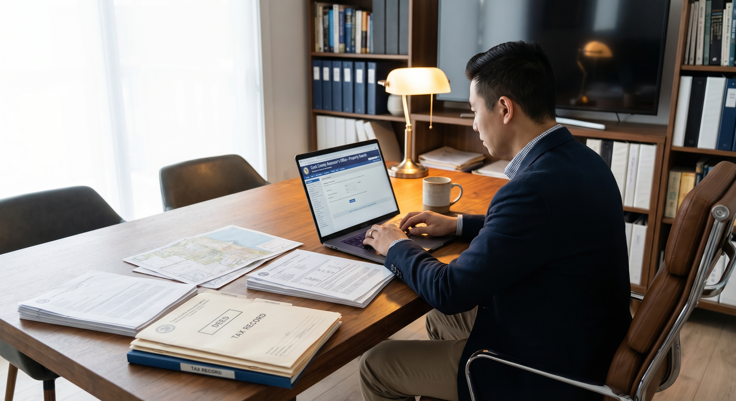 Investor analyzing Cook County court records on a laptop in a home office, property documents spread on desk