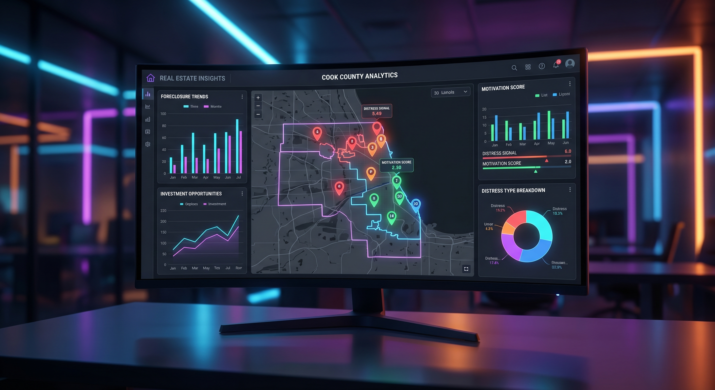 Dark-themed analytics dashboard showing Cook County property map with distress signal pins and motivation scores