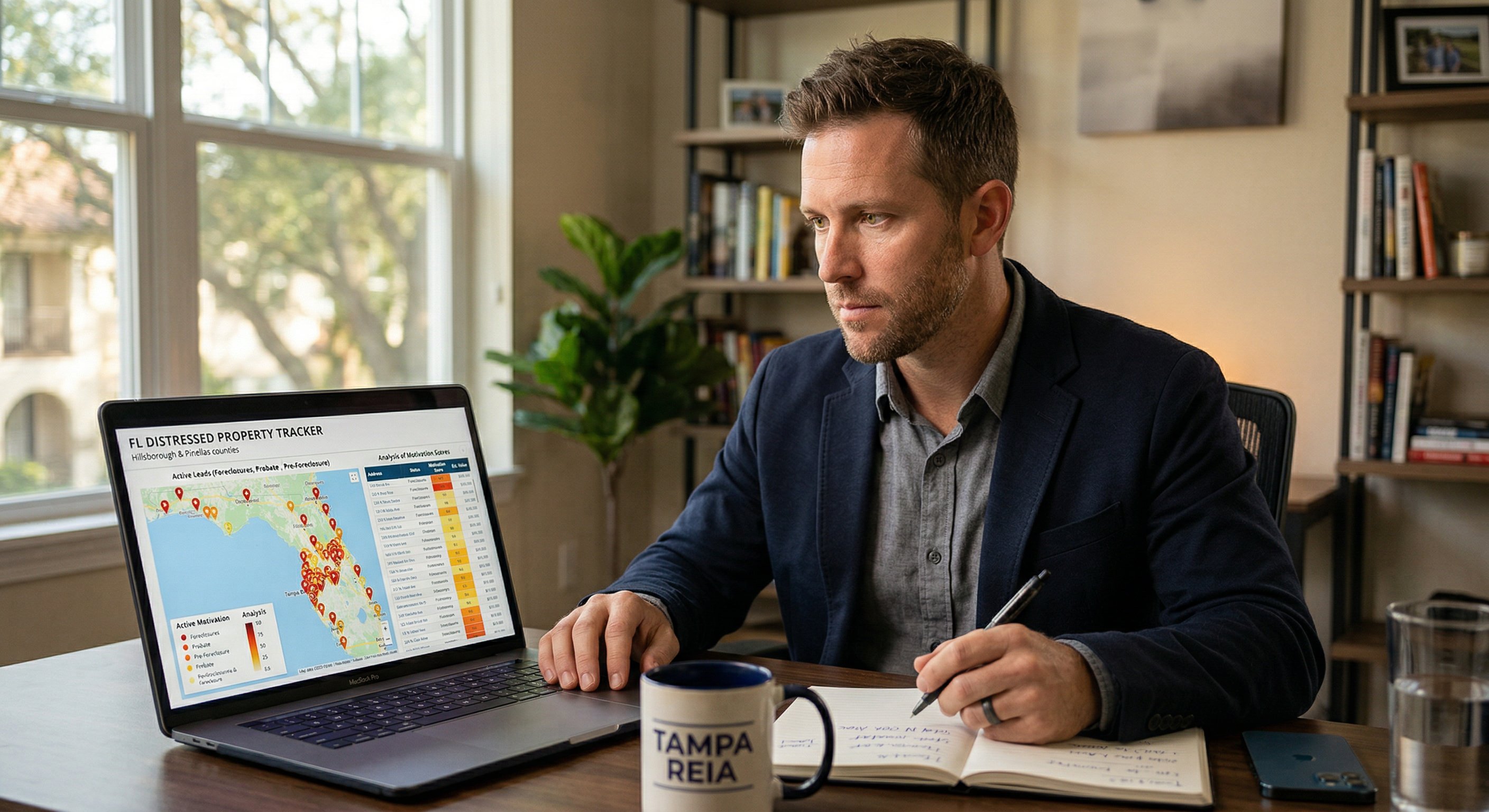 A real estate investor reviewing a distressed property data dashboard on a laptop in a modern Tampa home office, comparing lis pendens leads across Florida counties