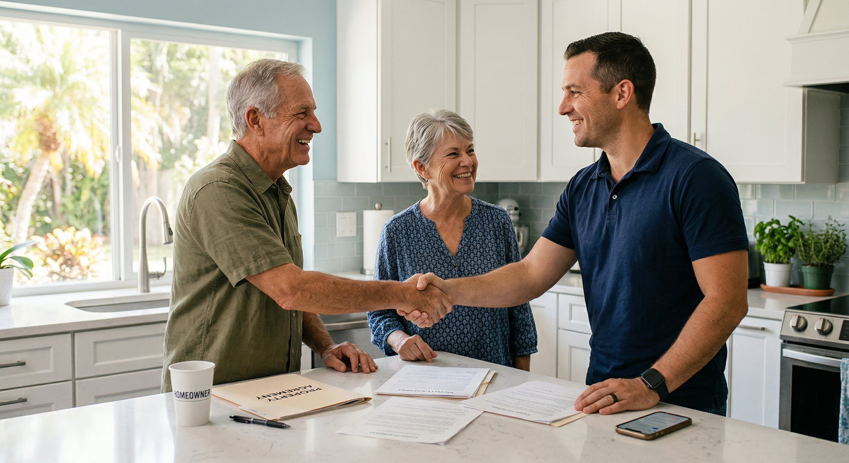 A real estate investor and homeowner shaking hands in a Florida kitchen after reaching a deal, natural light through window, authentic documentary style photography