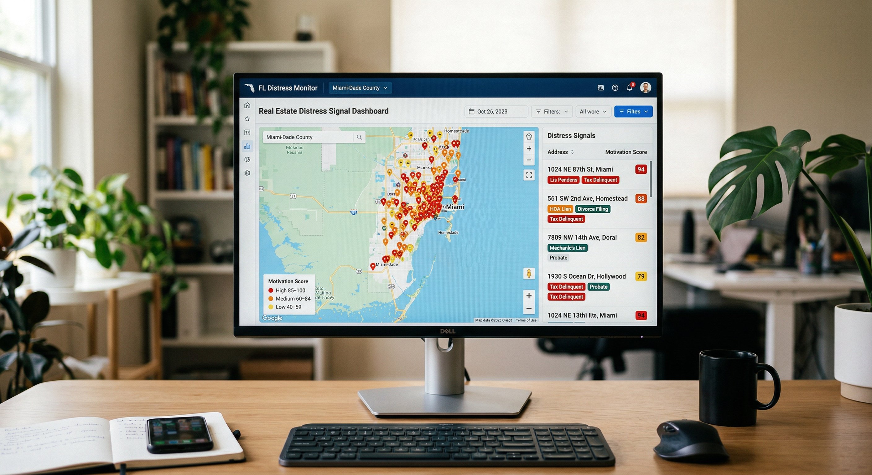 A close-up of a motivated seller's Florida property listing on a real estate data platform showing multiple distress signals and motivation score dashboard, shot on desk monitor in modern office