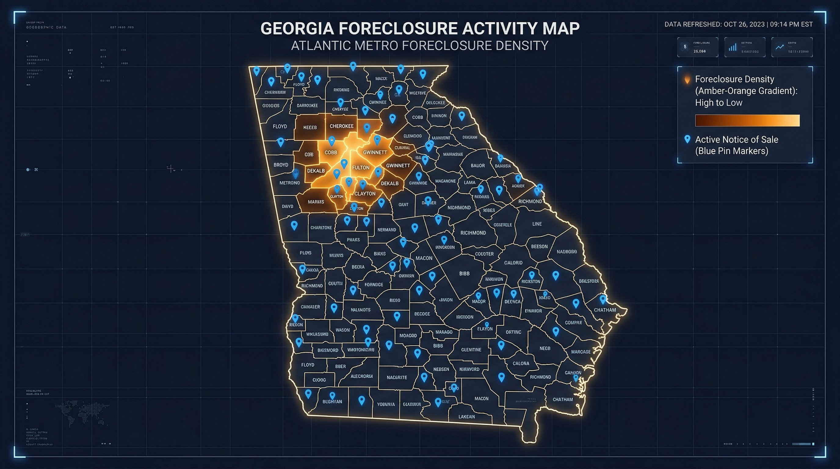 Stylized map of Georgia showing the major metro counties — Fulton, DeKalb, Cobb, Gwinnett, Clayton — highlighted with foreclosure activity density overlays and scattered pins across the state's 159 counties