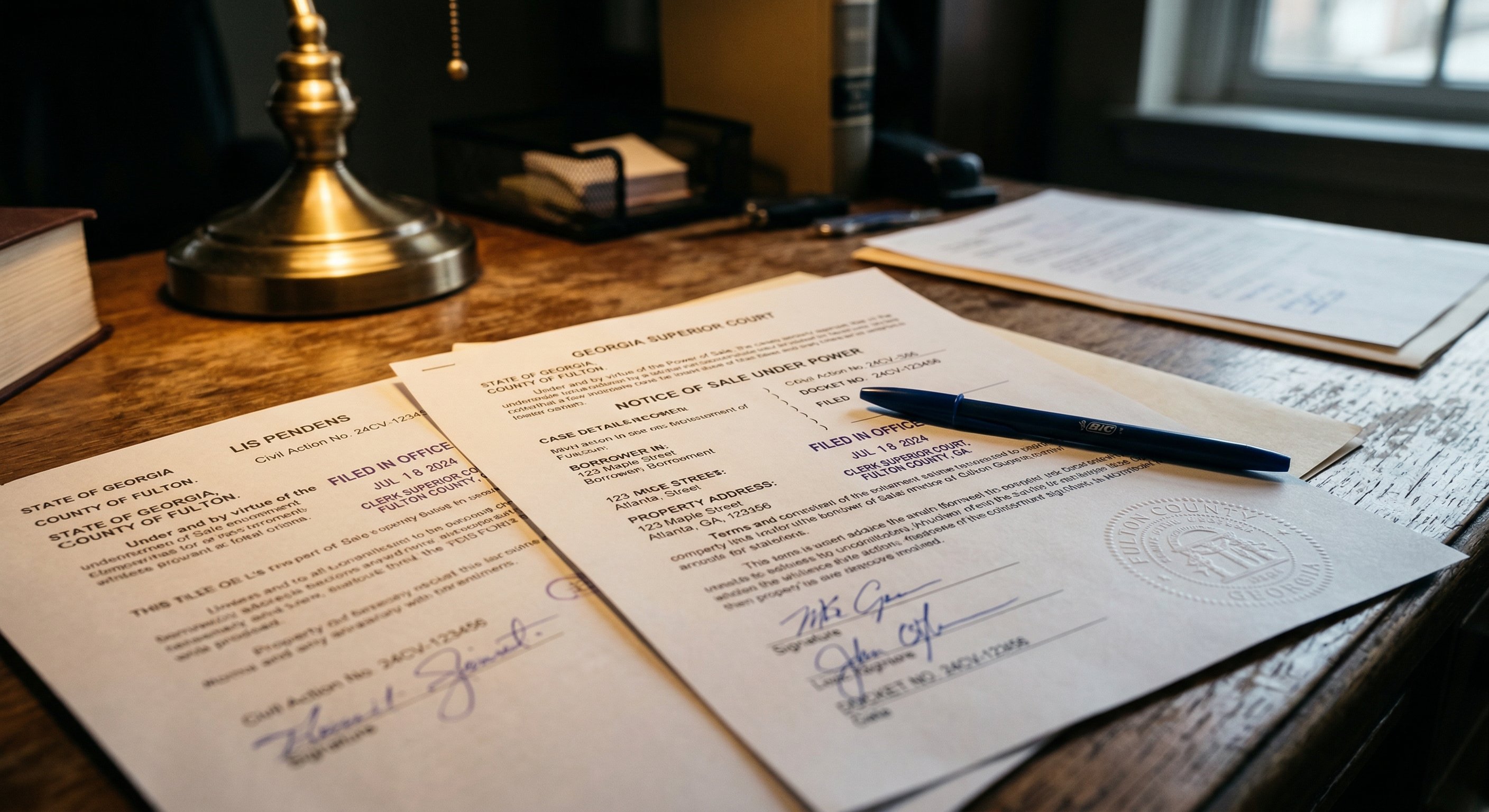 Close-up of Georgia Superior Court legal filing documents spread on a desk — Notice of Sale paperwork, lis pendens filing, county seal visible — warm desk lamp light, shallow depth of field on document text