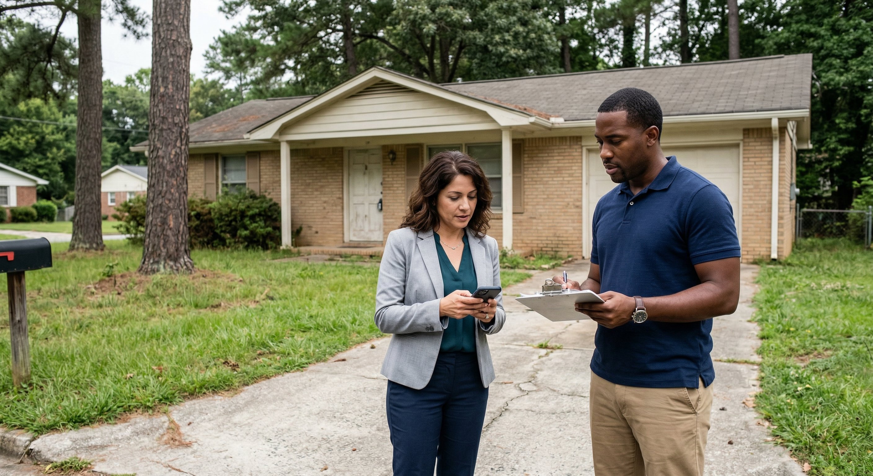 Two real estate investors reviewing a property walkthrough in front of a modest tan brick ranch home in a Gwinnett County, Georgia suburb — one investor holds clipboard, one checks phone — overcast daylight, medium shot, editorial documentary photography