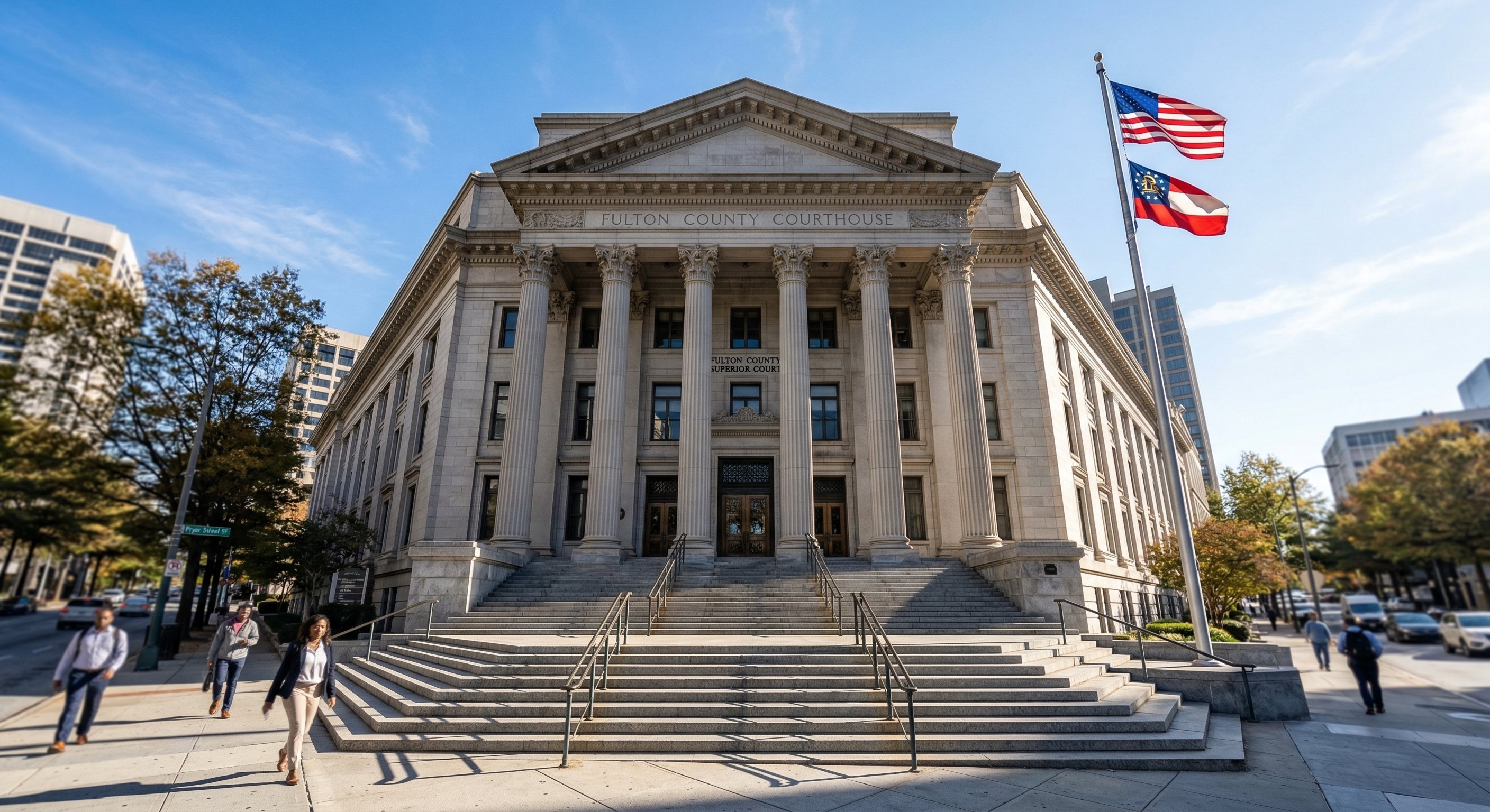 Exterior of the Fulton County Courthouse in Atlanta, Georgia — stone facade, classic government architecture, wide steps, American flag visible, morning light from right side, documentary photography, wide angle