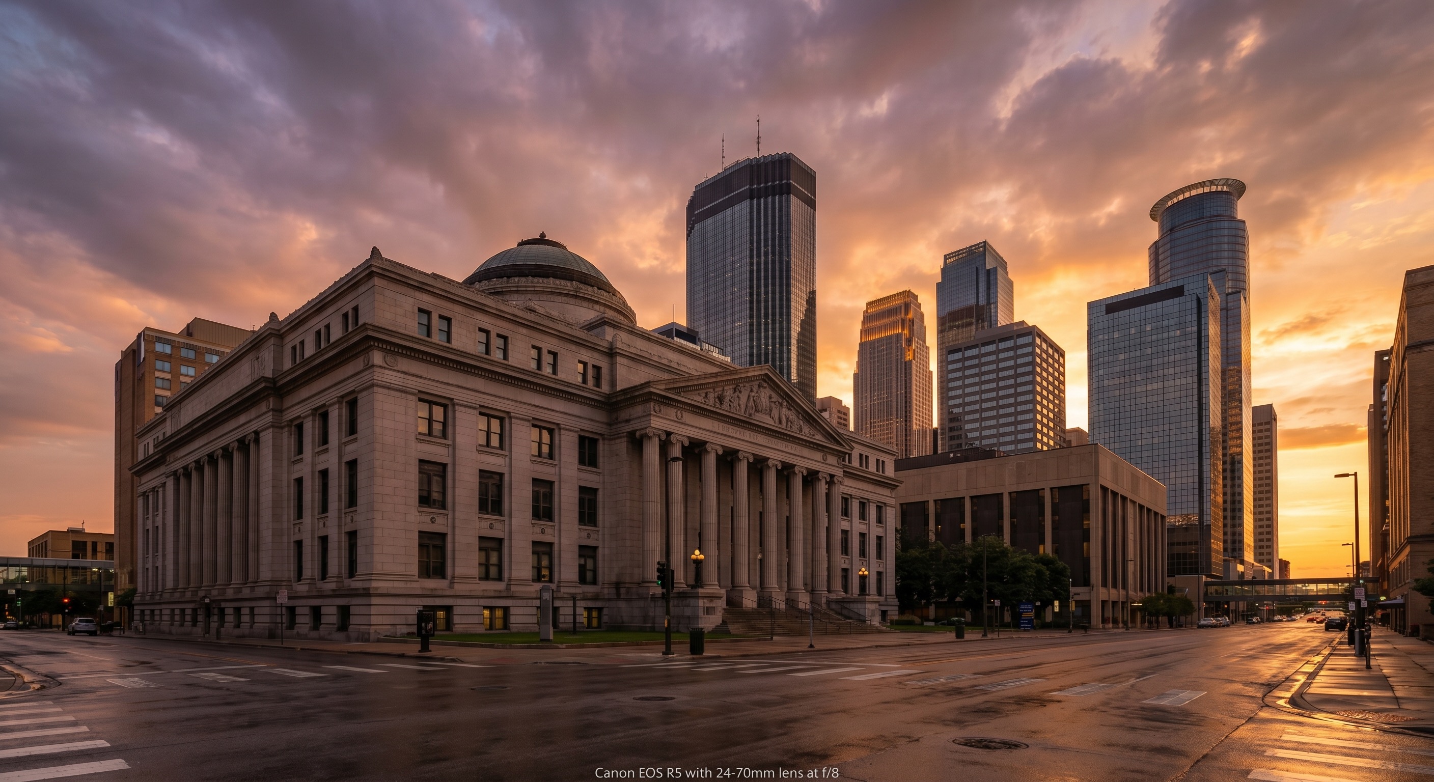 Minneapolis downtown skyline with the Hennepin County courthouse in the foreground on a clear spring day