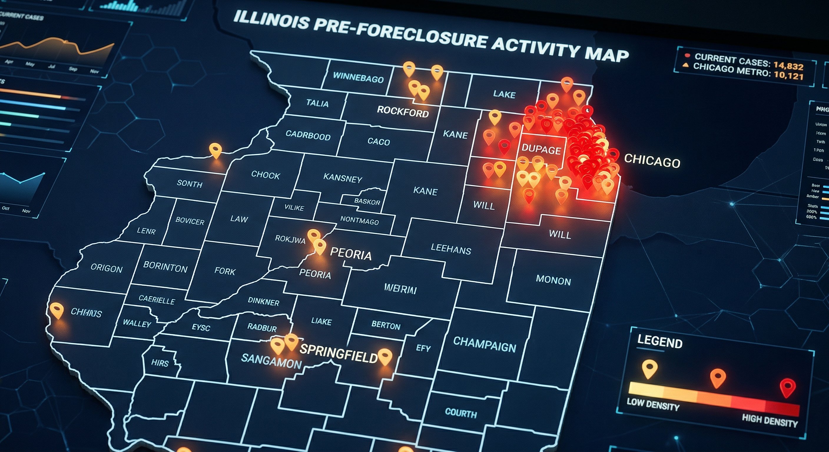 Illinois county map with pre-foreclosure pin clusters highlighting Chicago metro and major markets