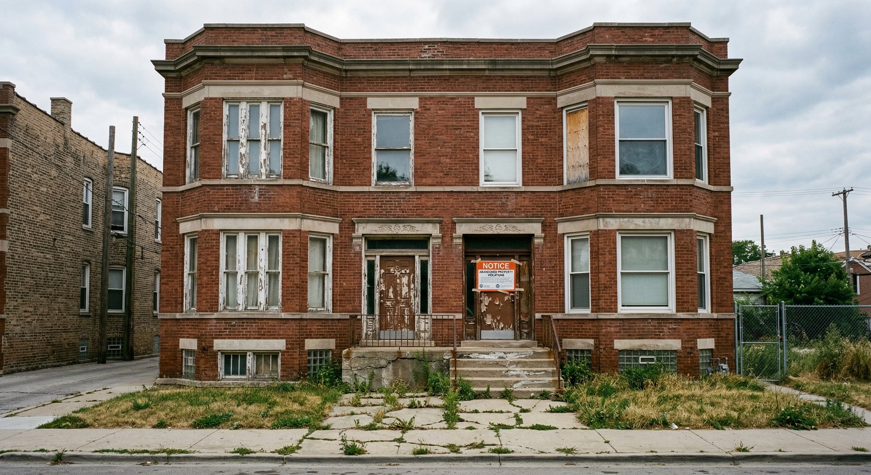 Illinois pre-foreclosure property exterior, brick Chicago two-flat with visible distress signals