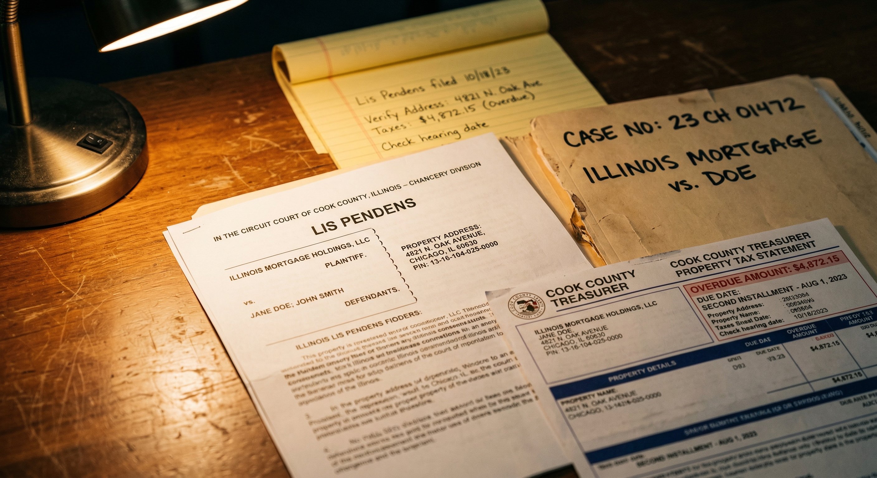 Illinois lis pendens court filing documents and property tax records spread on a desk
