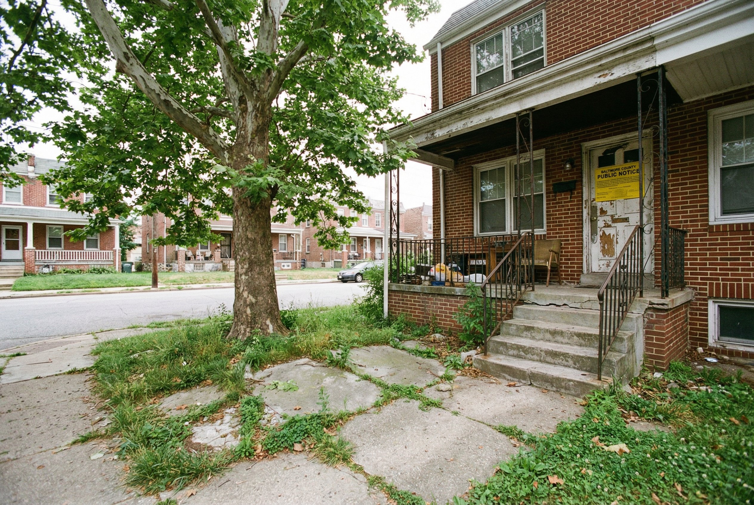 Well-worn Baltimore brick row house with county public notice posted on the front door and overgrown yard
