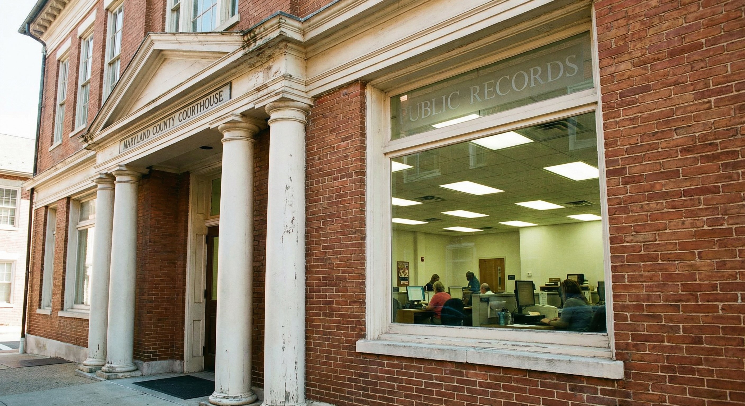 Maryland county courthouse exterior with public records search room visible through the entrance