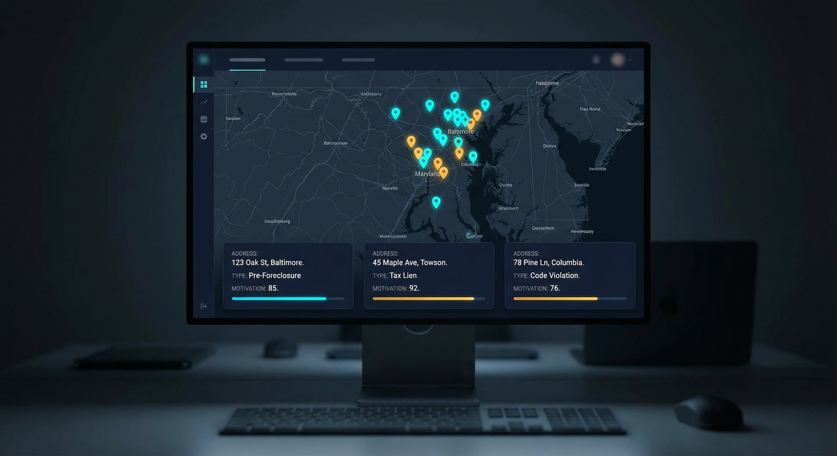 Dark-themed analytics dashboard showing Maryland map with colored distress signal pins and motivation scores