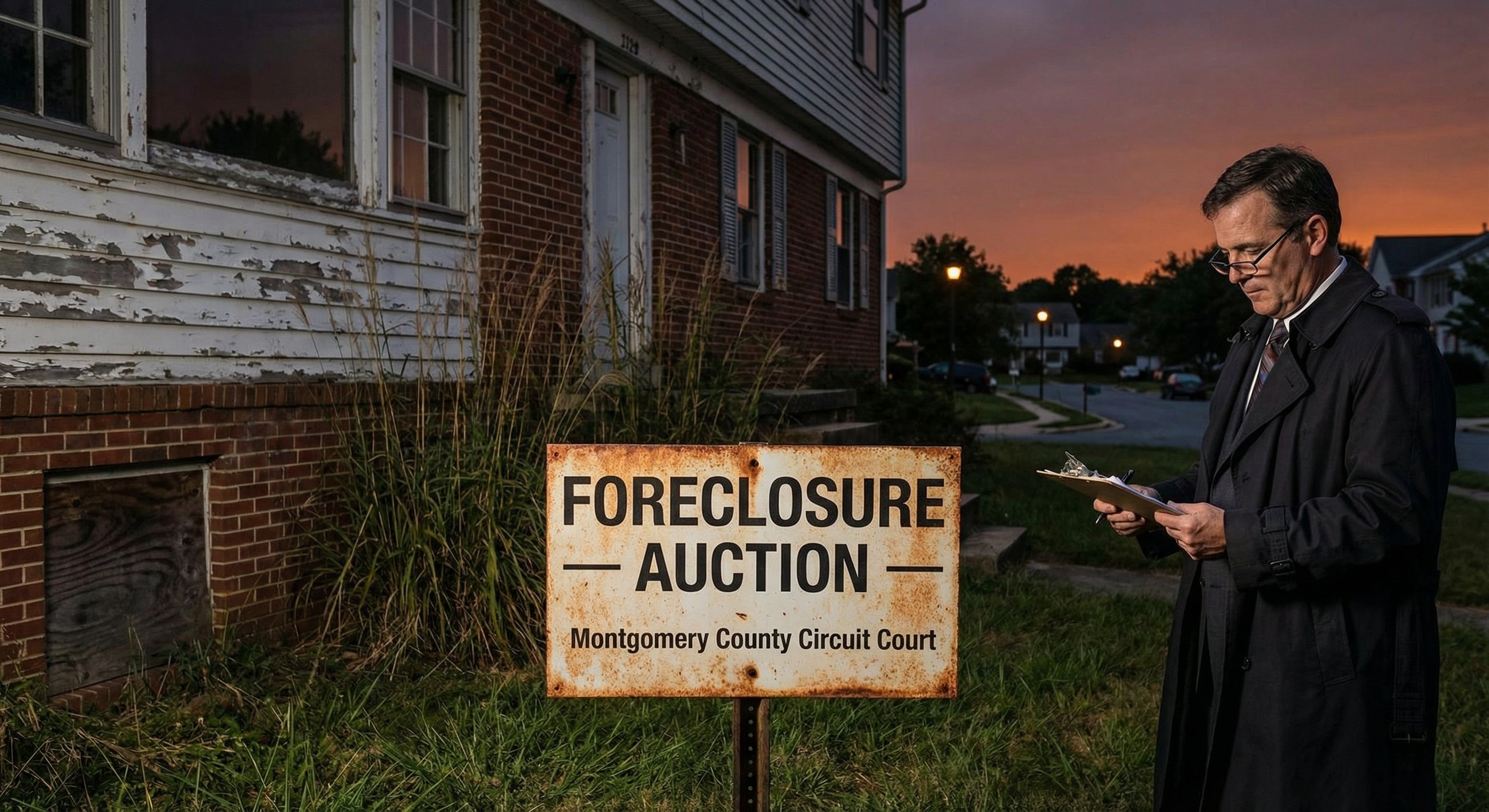 Weathered foreclosure auction sign in front of a vacant Montgomery County Maryland property with overgrown yard