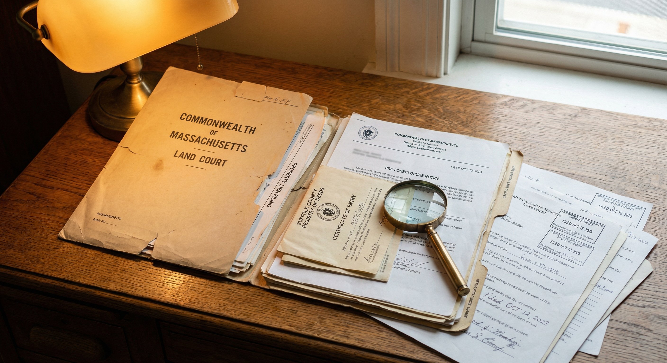 Massachusetts Land Court documents and pre-foreclosure notices on a desk showing public record filings