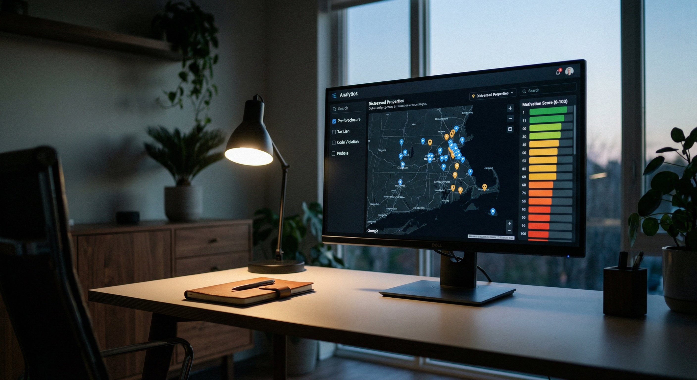 Dark-themed property analytics dashboard showing Massachusetts distressed property map with motivation scores