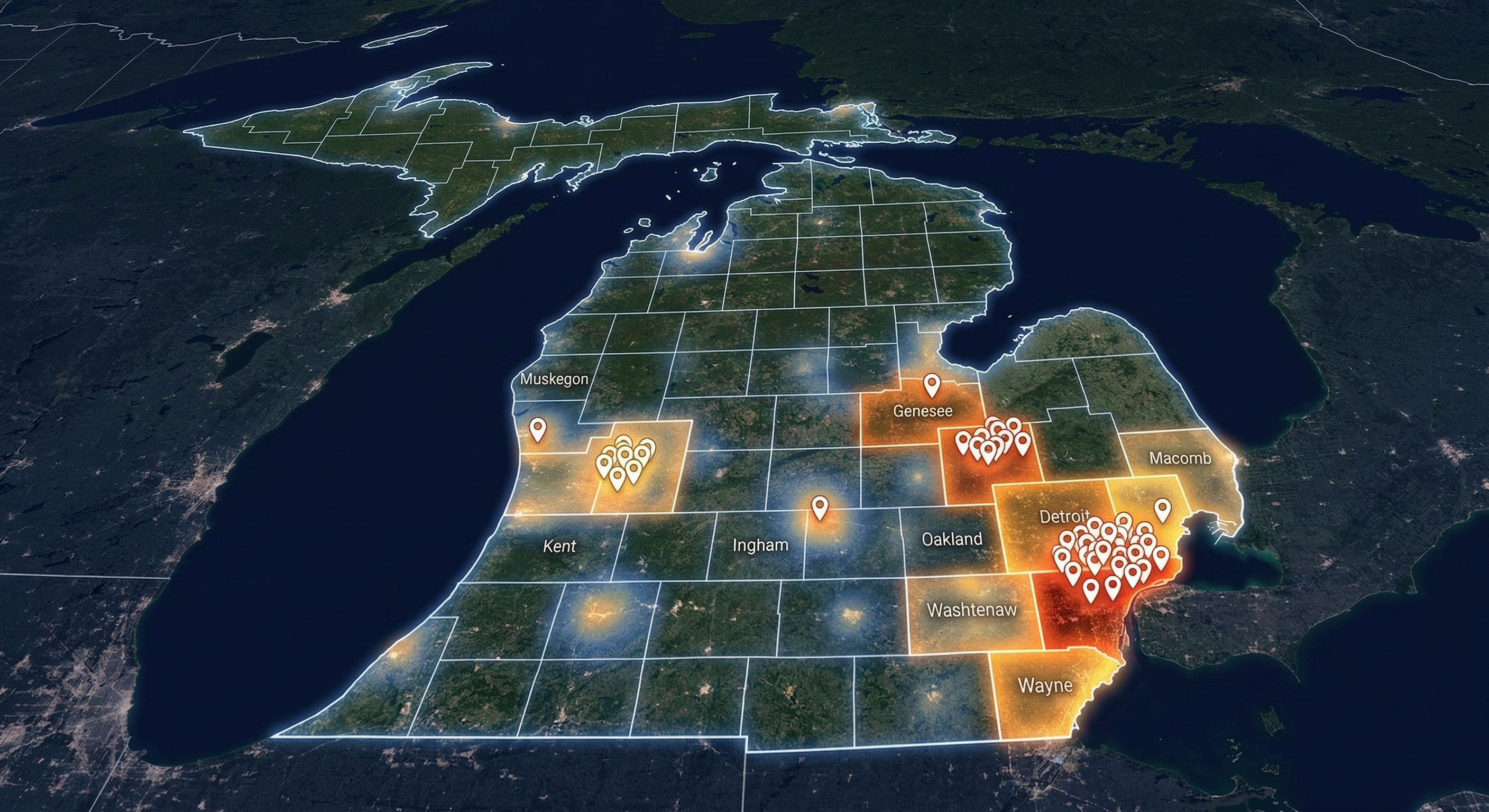 Michigan distressed property heatmap showing Wayne, Oakland, Genesee and Kent counties with foreclosure pin clusters