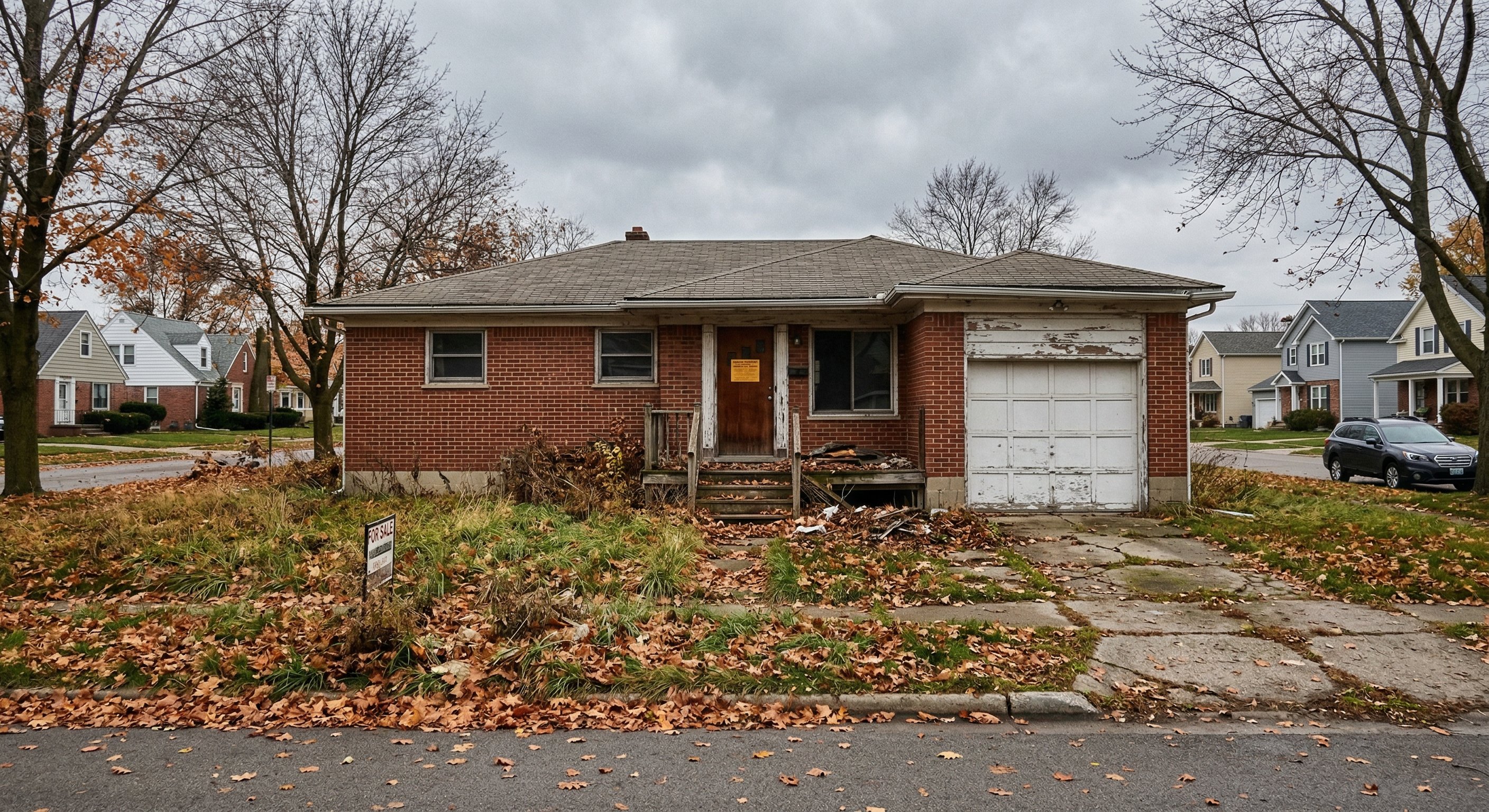 Older Michigan brick craftsman home with foreclosure notice posted on front door, autumn leaves on ground, quiet residential street