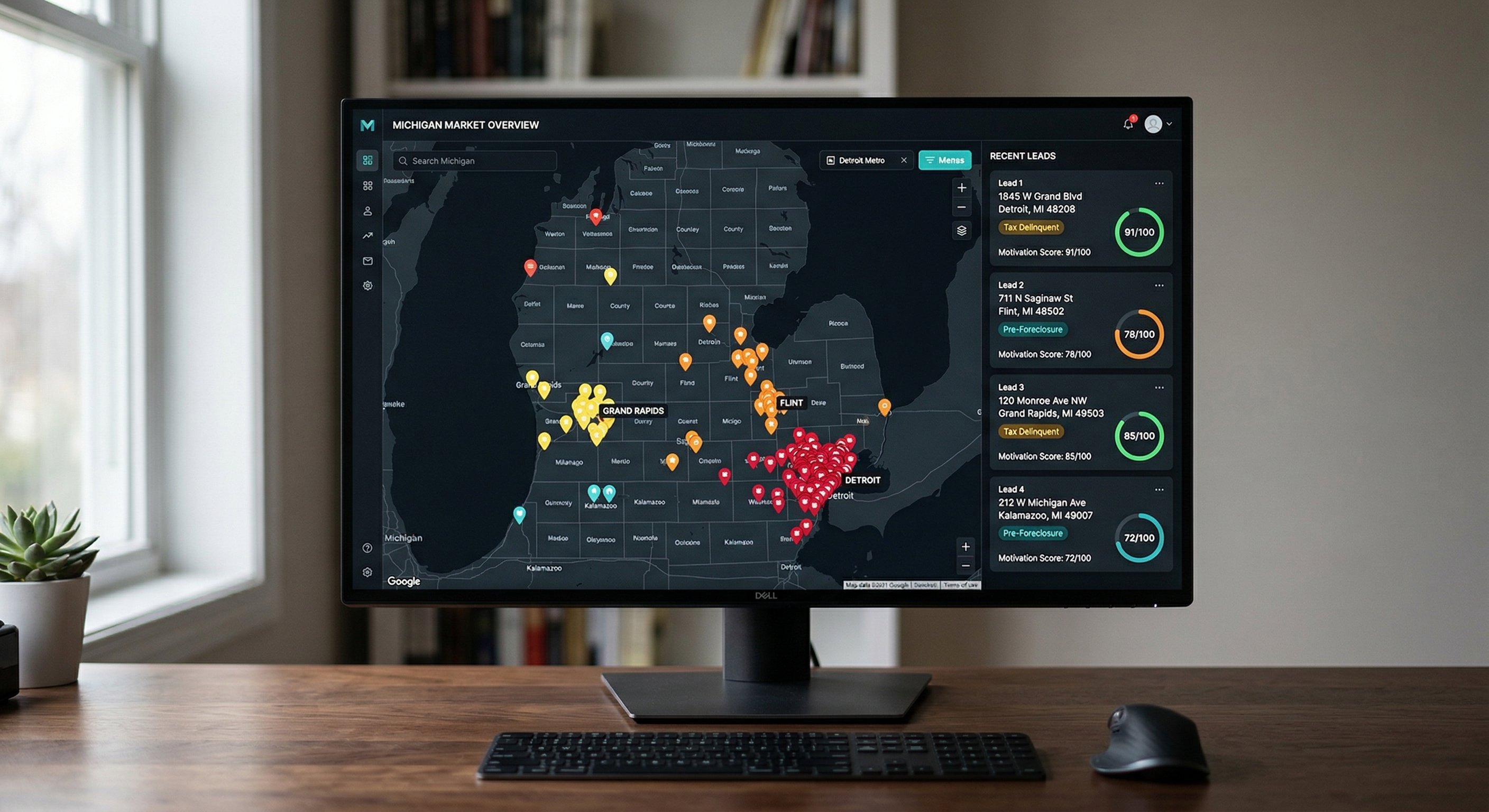 Dark-themed real estate dashboard showing Michigan county map with heat overlay, pre-foreclosure pin clusters around Detroit and Grand Rapids, and lead cards with motivation scores