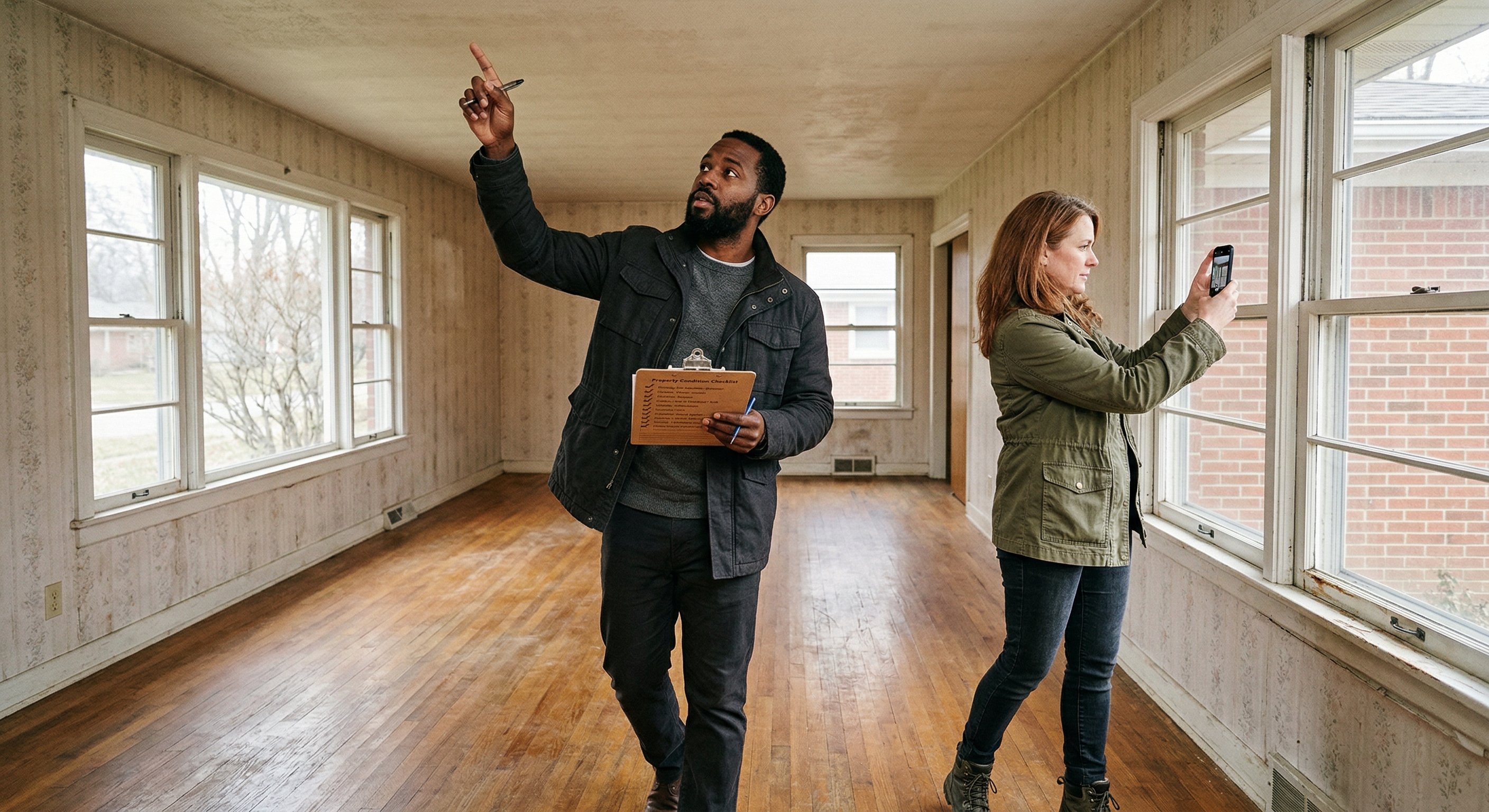 Two investors walking through a vacant single-story Michigan brick ranch home, reviewing a property condition checklist, natural daylight through windows, no furniture