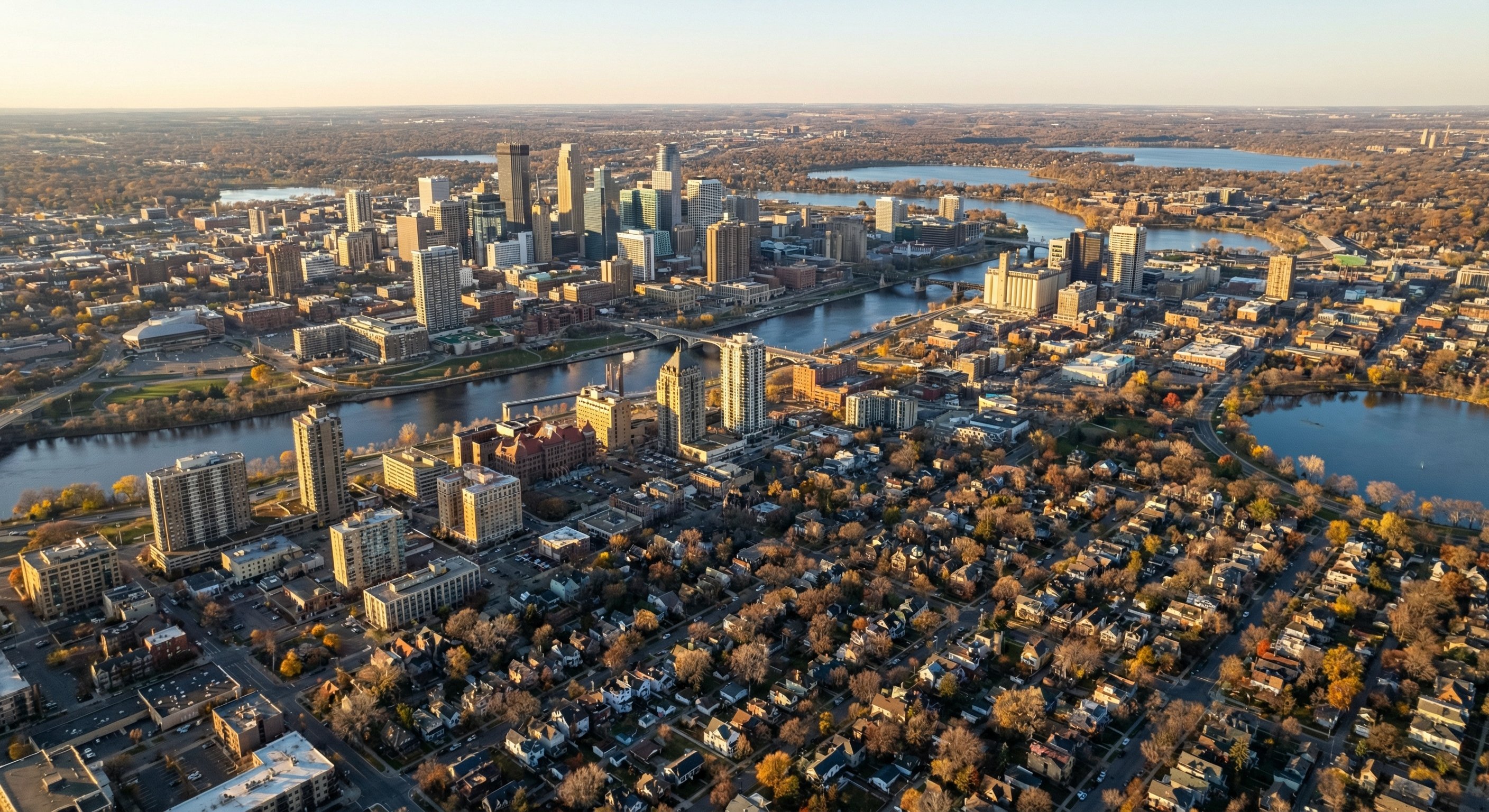 Aerial view of Minneapolis-St Paul metropolitan area showing Twin Cities urban density