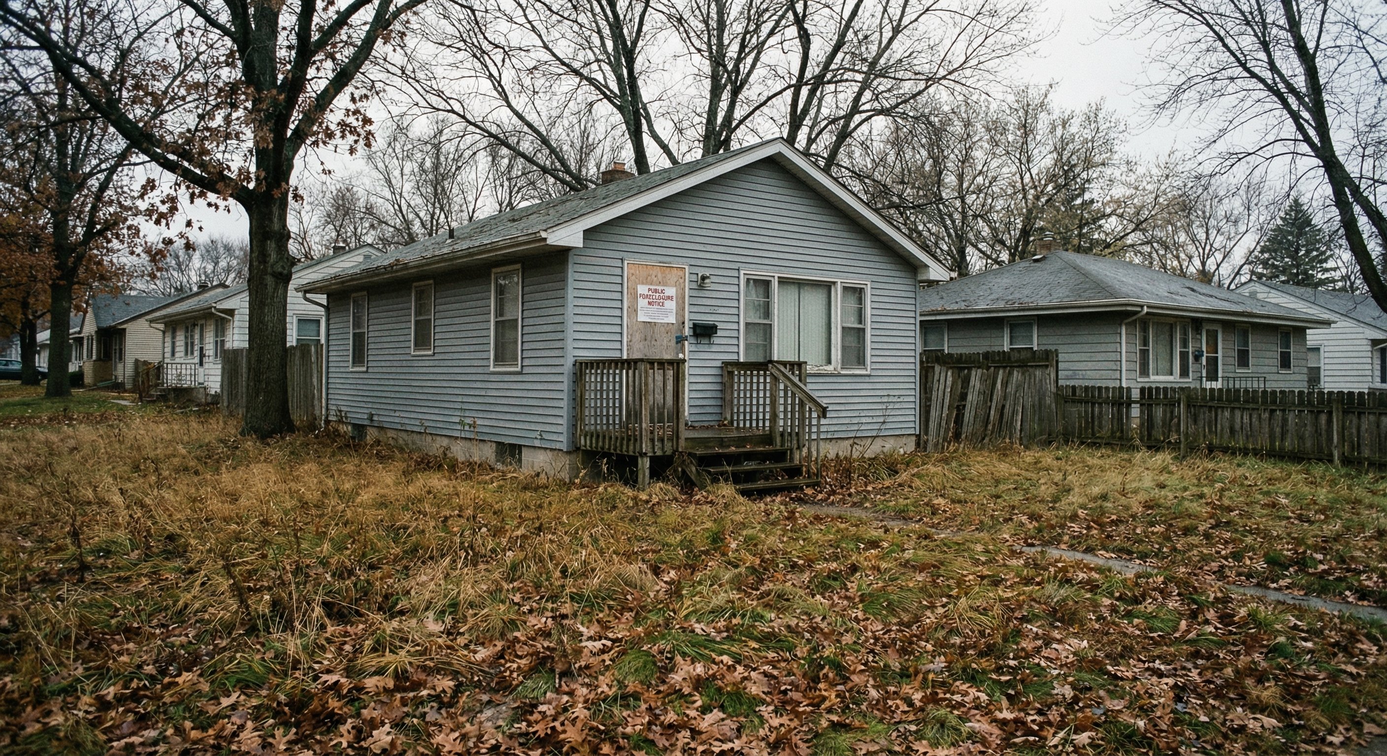 Modest Minnesota rambler home with foreclosure notice posted on the front door