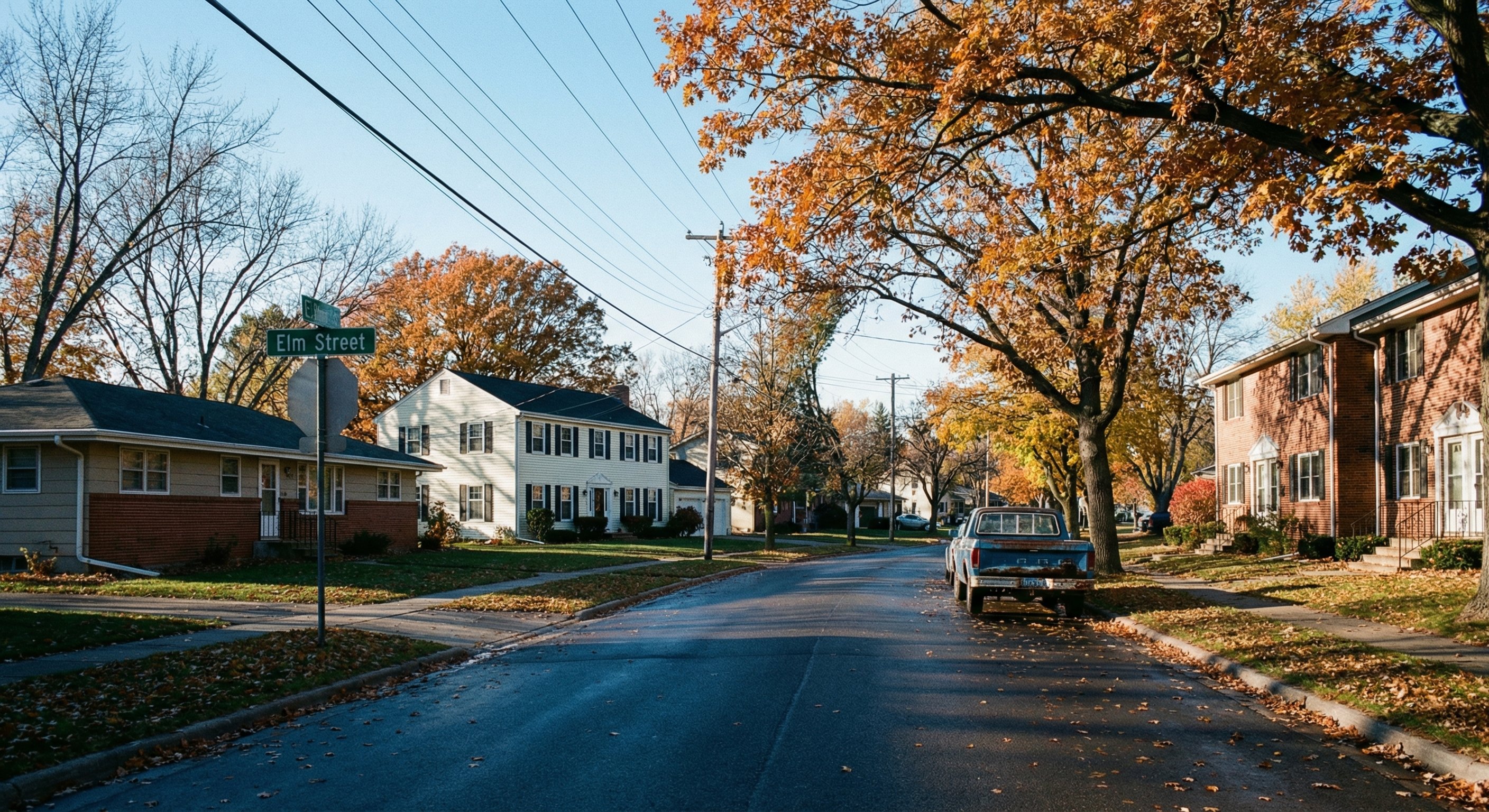 Minnesota residential street in autumn showing mix of housing styles