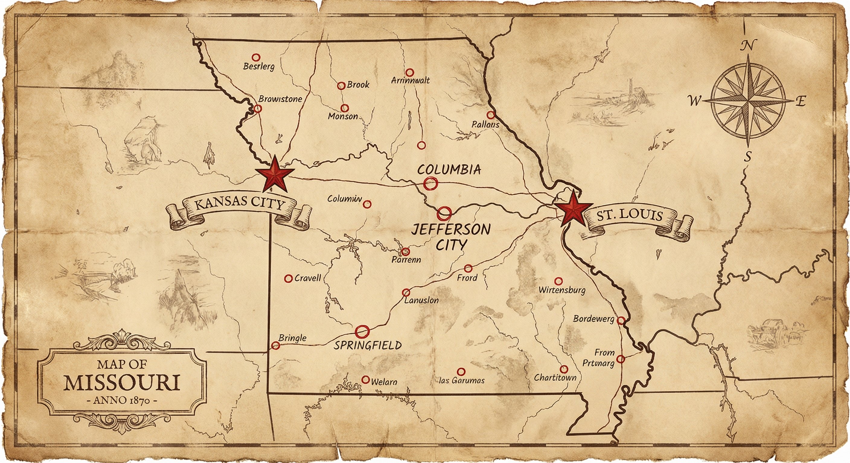 Missouri state outline map on vintage parchment with major cities marked in red ink. St. Louis and Kansas City highlighted with star markers. Antique cartography style with aged paper texture, hand-drawn map elements, sepia tones with selective red accents. Historical reference aesthetic.